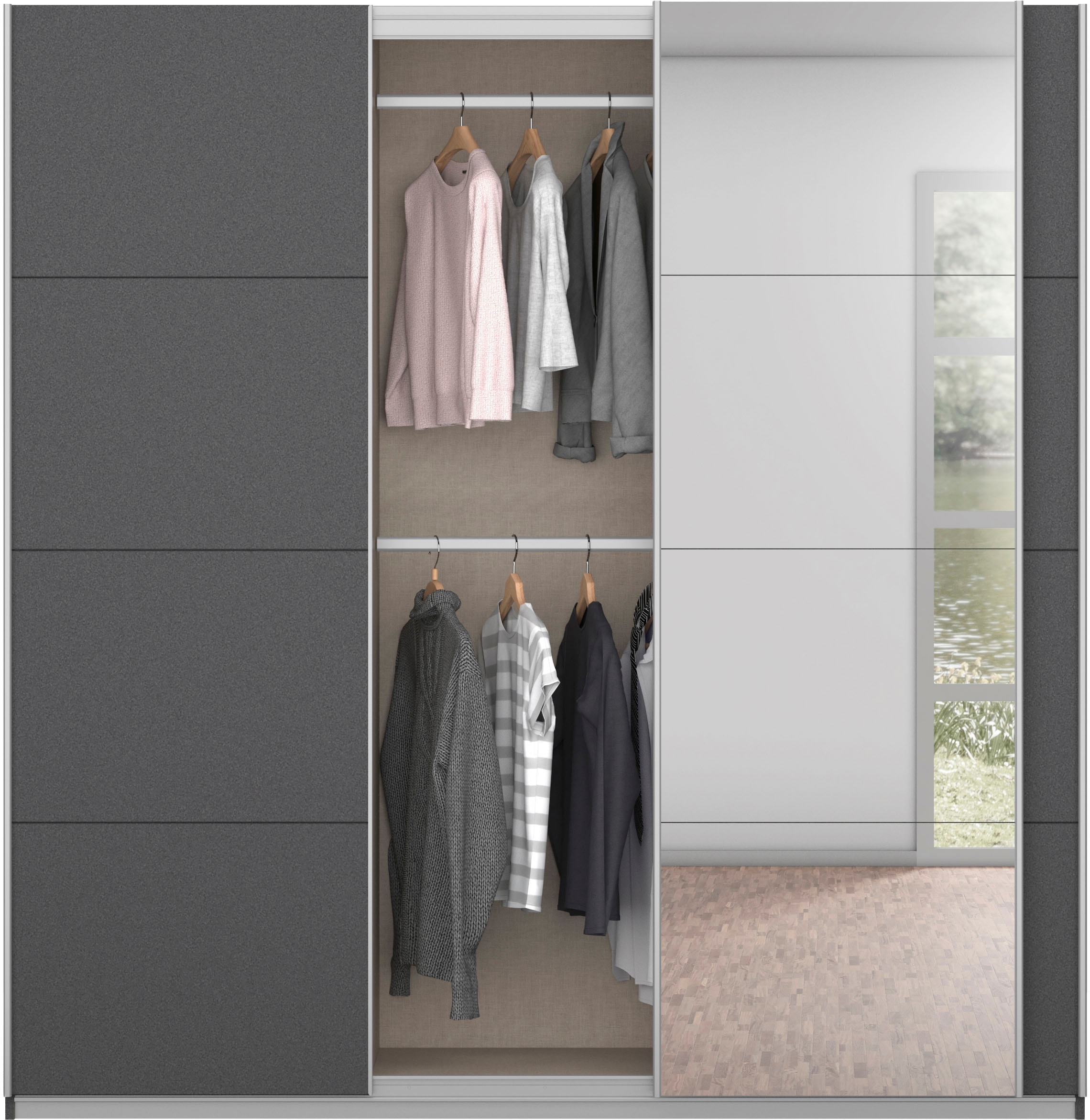 rauch Schwebetürenschrank »Kleiderschrank Schrank Garderobe KOLUNA mit Spiegel« 3 Ausstattungen BASIC/CLASSIC/PREMIUM (inkl. SOFT-CLOSE-FUNKTION),  Breiten 203/271/315/360 cm Höhen 210/229 cm MADE IN GERMANY