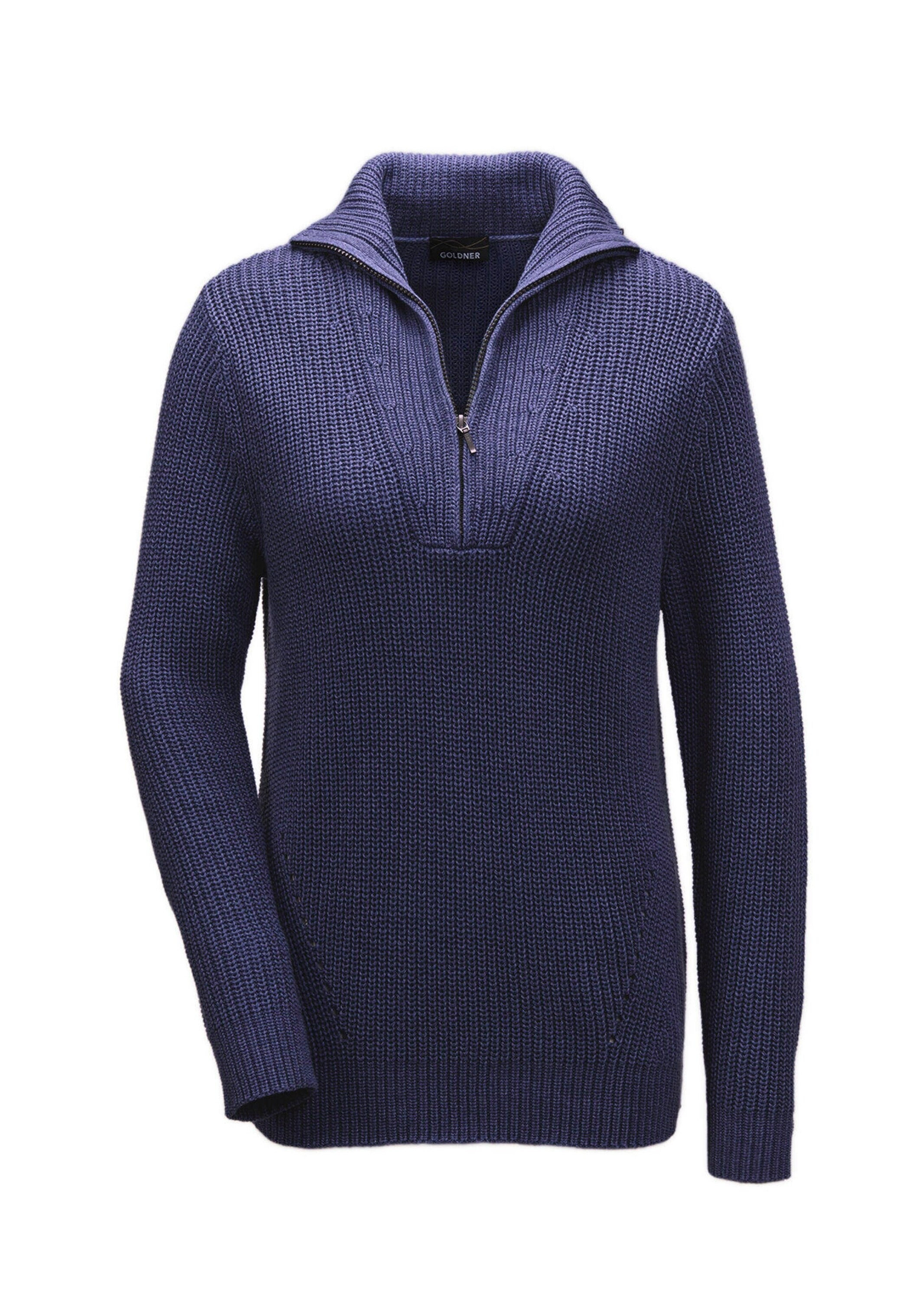 GOLDNER Damen Strickpullover "Kurzgröße Sportiver Troyer mit Baumwollanteil", blau, Gr. 22, Obermaterial: 50% Baumwolle CO. 50% Polyacryl PAN.,
