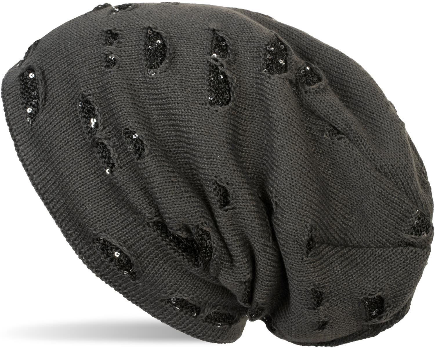styleBREAKER Strickmütze "Feinstrick Beanie mit Pailletten im Destroyed Look" 1 Stk.