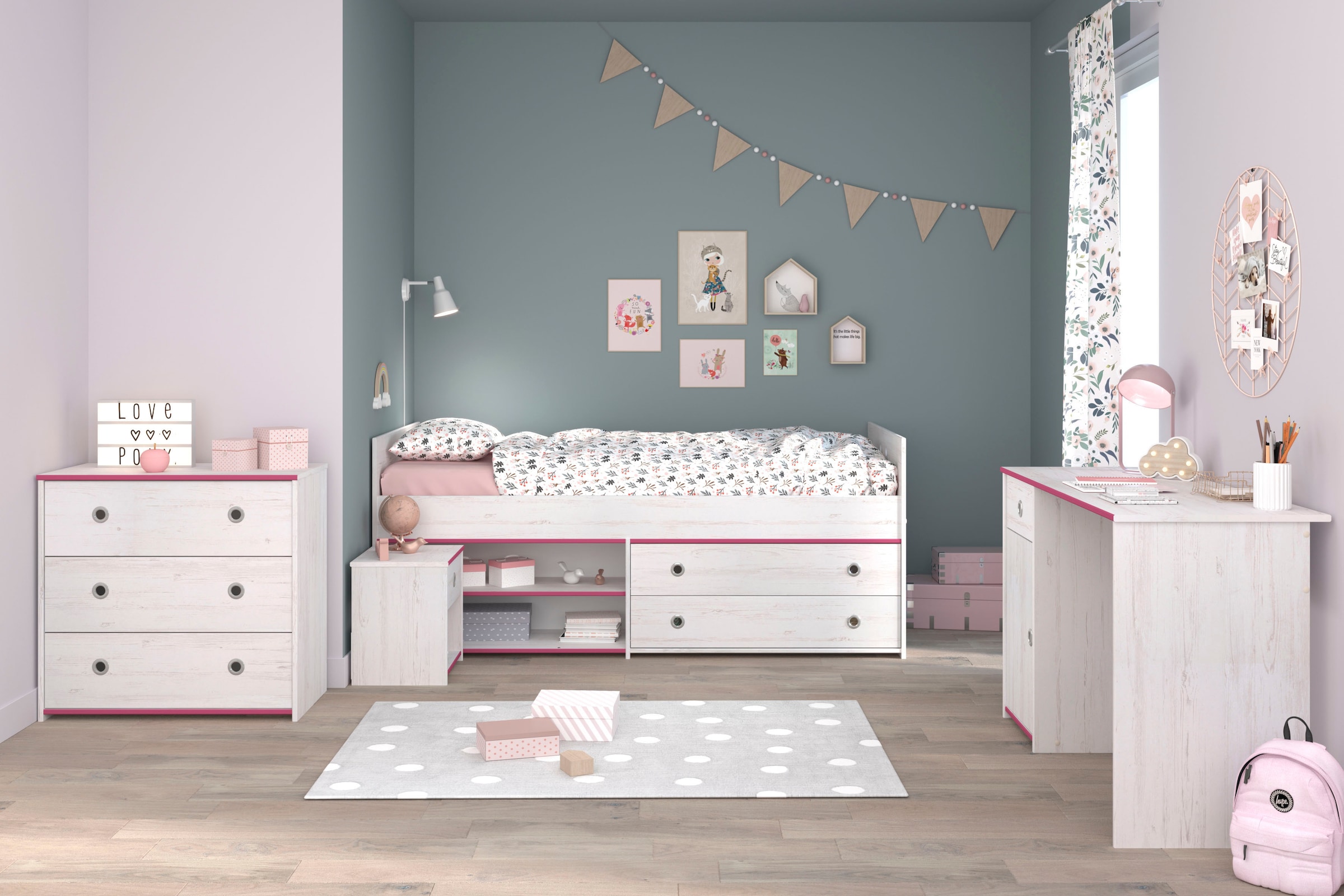 Parisot Jugendzimmer-Set »Smoozy«, (4 tlg., Stauraumbett, Nachttisch, Schreibtisch und Schubkastenkommode)