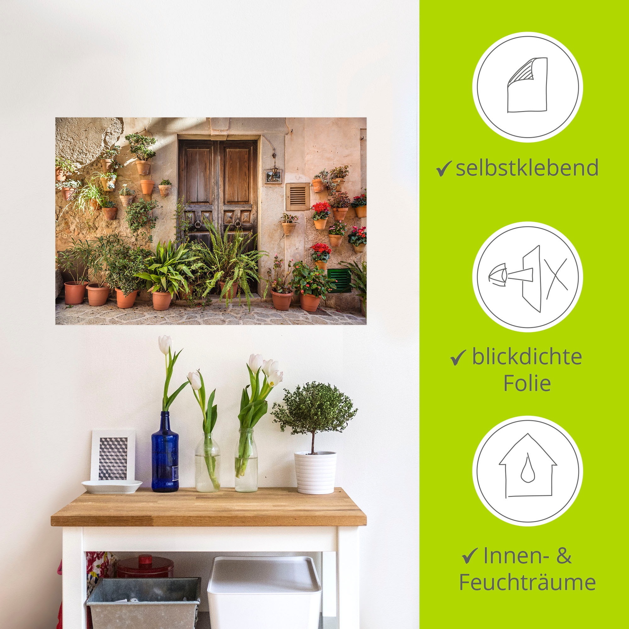 Artland Wandbild »Altstadtgasse Mallorca, Spanien«, Pflanzenbilder, (1 St.), als Alubild, Outdoorbild, Leinwandbild, Poster, Wandaufkleber