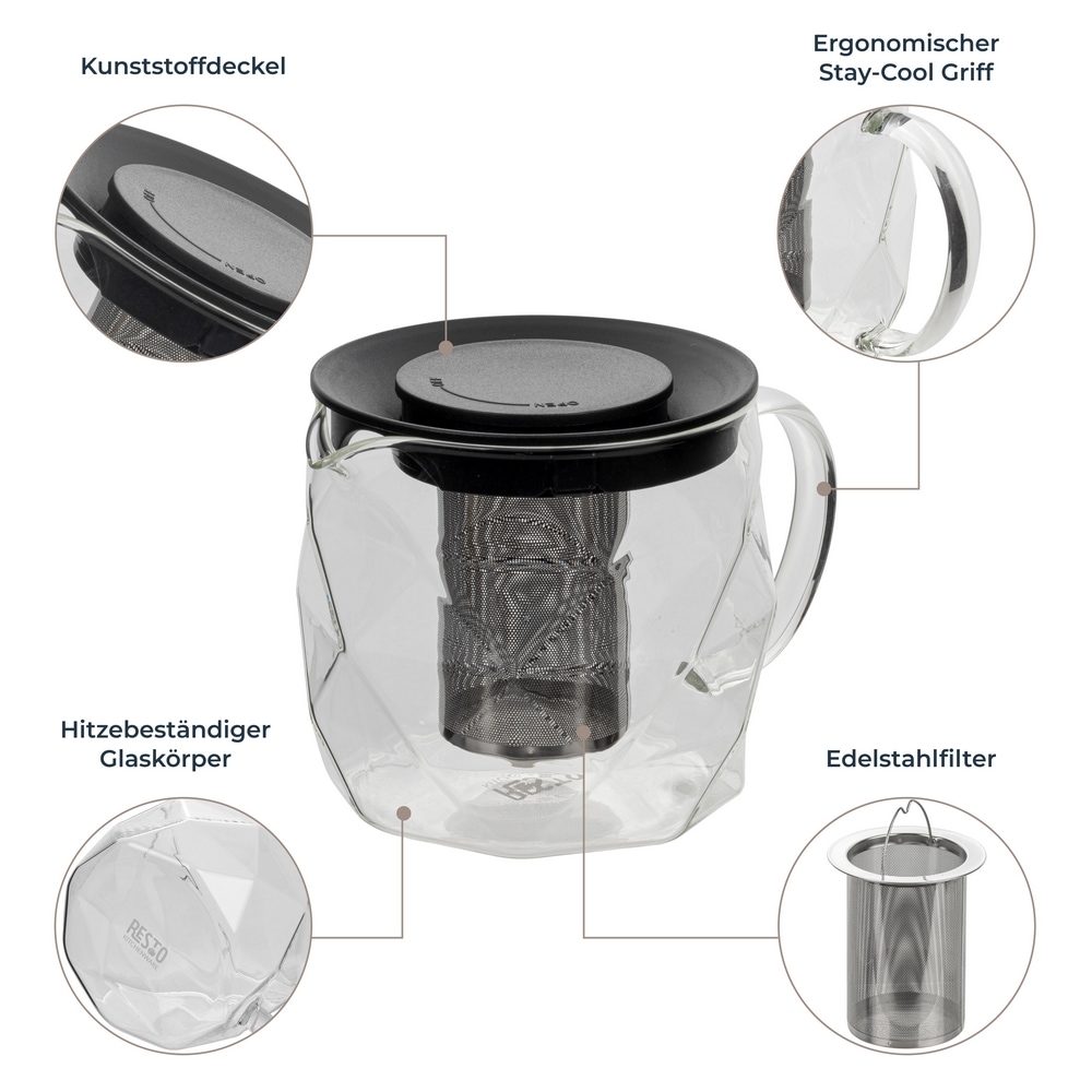 RESTO Kitchenware Teekanne »Ain, hitzebeständige Glaskanne im 3D Design, Höhe 12 cm«, 1 l, (4 St.), mit herausnehmbarem Filtersieb aus Edelstahl, im Geschenkkarton