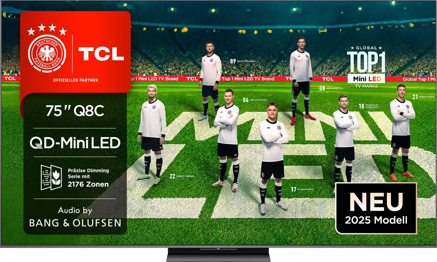 TCL Mini-LED-Fernseher "75Q8CX7", 75 ′′, schwarz, Fernseher, Audio von Bang & Olufsen, Smart TV, Apple TV, 144Hz, 4K, Dolby Vision