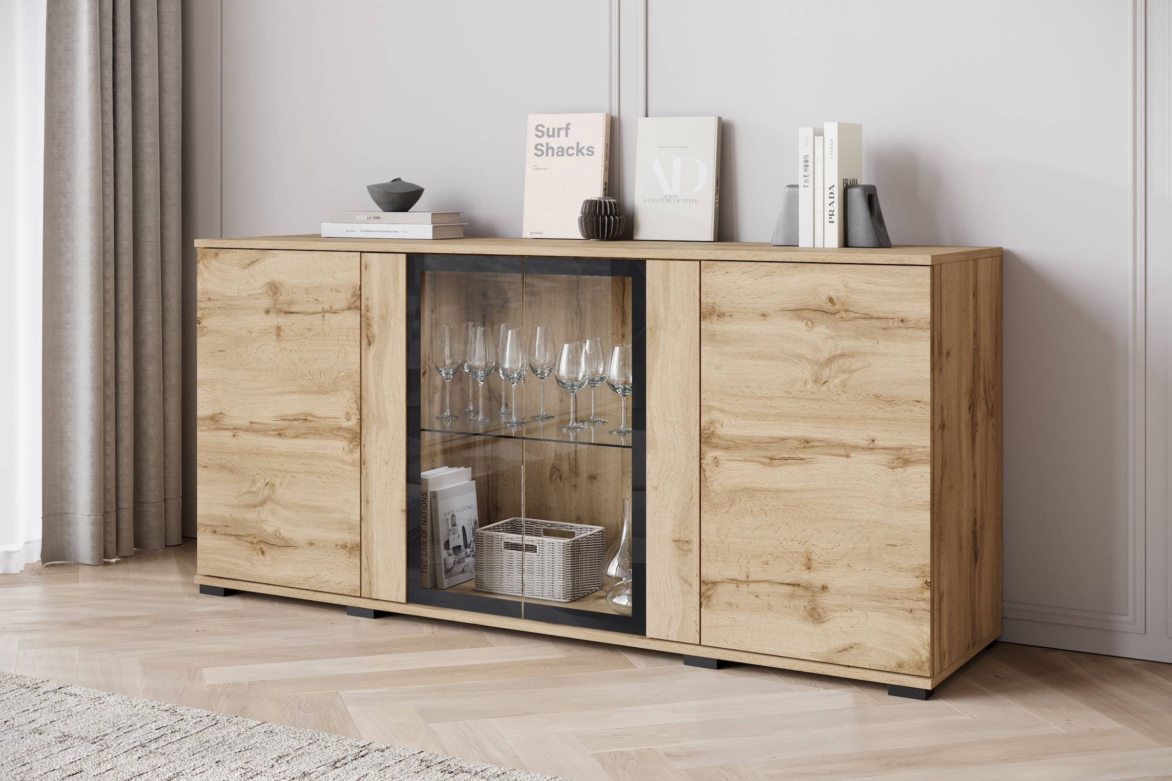 INOSIGN Sideboard »Caro, modernes Design mit Glaseinsätzen, Breite 150 cm«, (1 St.), Grifflose Fronten mit Push-to-Open, höhenverstellbare Einlegeböden