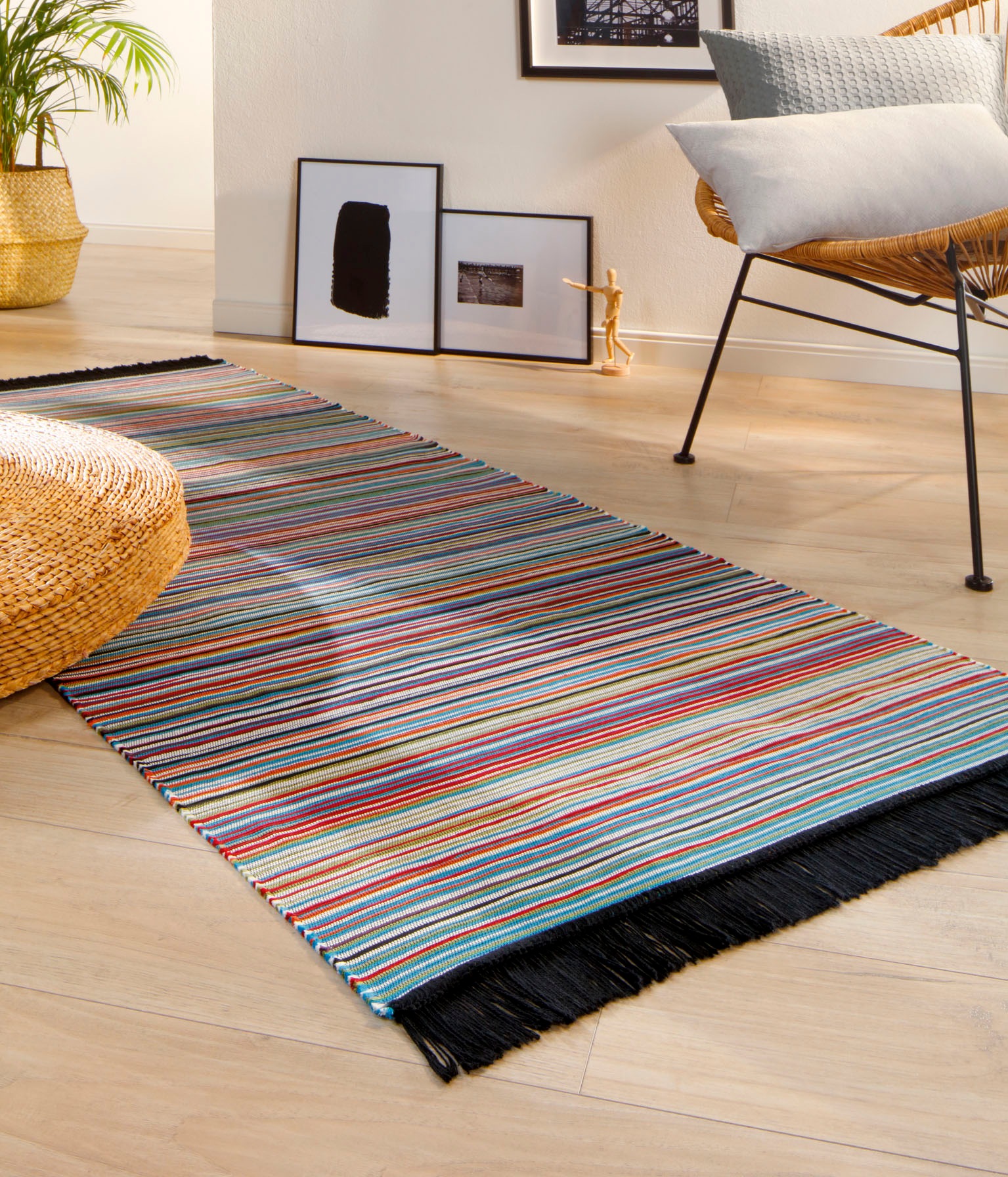 Biederlack Läufer »Stripe«, rechteckig, 5 mm Höhe, Teppich-Läufer, modernes Streifen Design, mit Fransen, waschbar