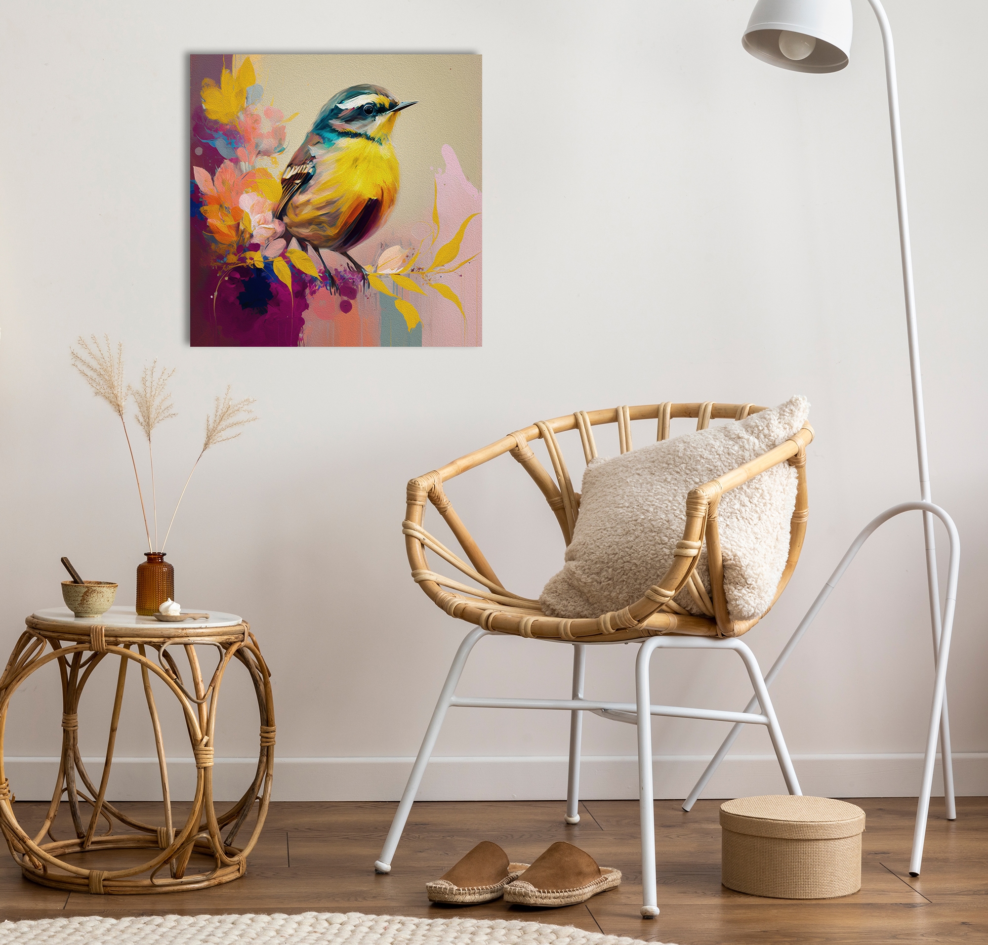 queence Leinwandbild "Susi" Blumen Blumenbilder Vogelbilder Vögel klassische Fantasie 1 Stk. tlg. Premium-Leinwandstoff, Handarbeit aus Deutschland