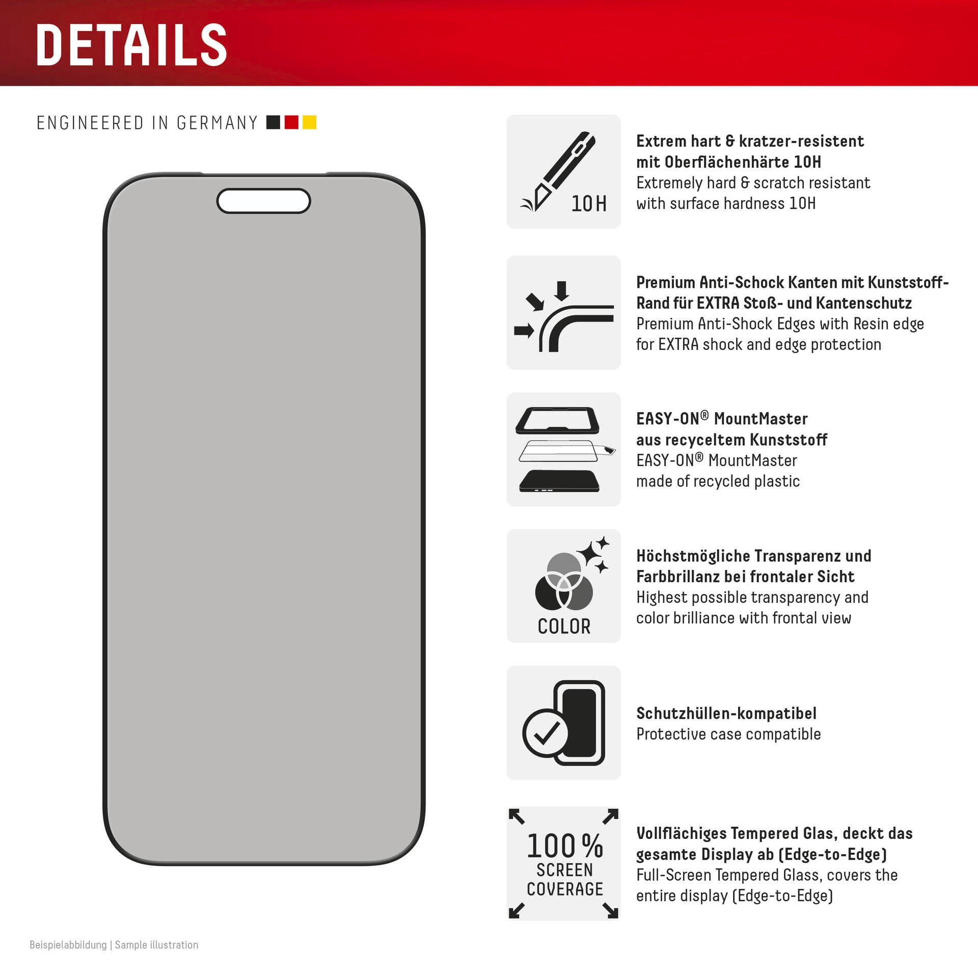 Displex Displayschutzglas »Privacy Glass Screen Protector mit EASY-ON MountMaster« für Apple iPhone 17 Pro Displayschutzfolie, Schutzfolie, Bildschirmschutz, kratz- & stoßfest