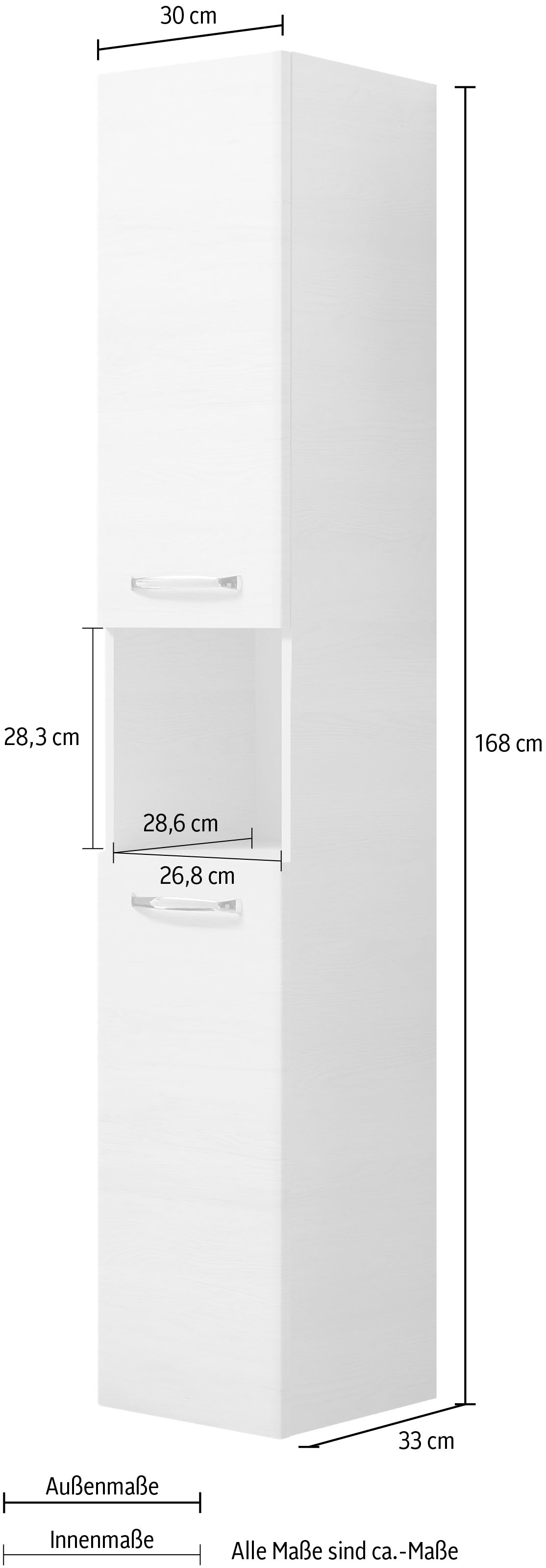 Saphir Hochschrank »Quickset Badschrank 30 cm breit, 2 Türen, 1 Nische, 3 Einlegeböden«, Badezimmer-Hochschrank inkl. Türdämpfer, Griffe in Chrom glänzend