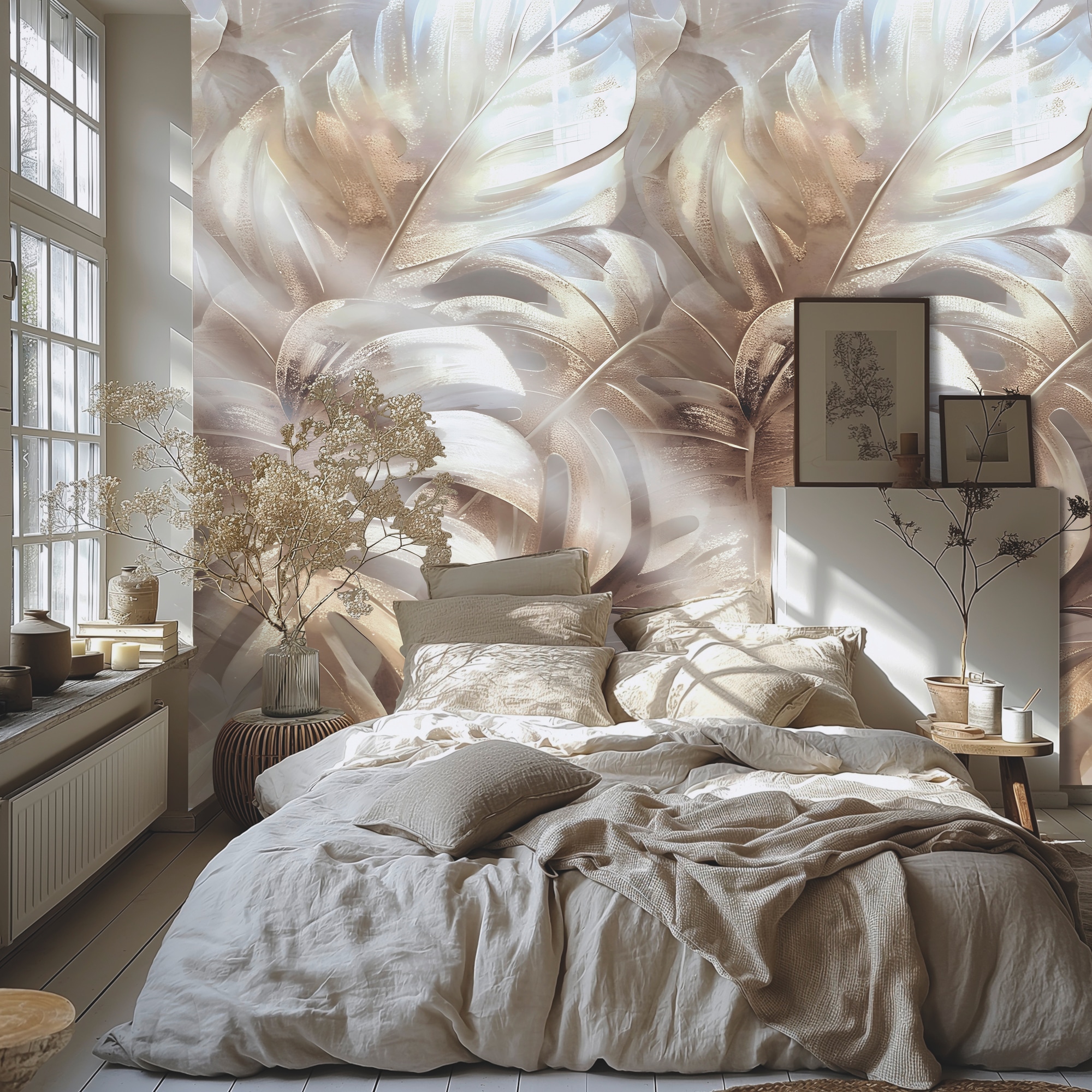 living walls Vliestapete "Fototapete Monstera-Blätter Beige Gold erweiterbar" botanisch strukturiert