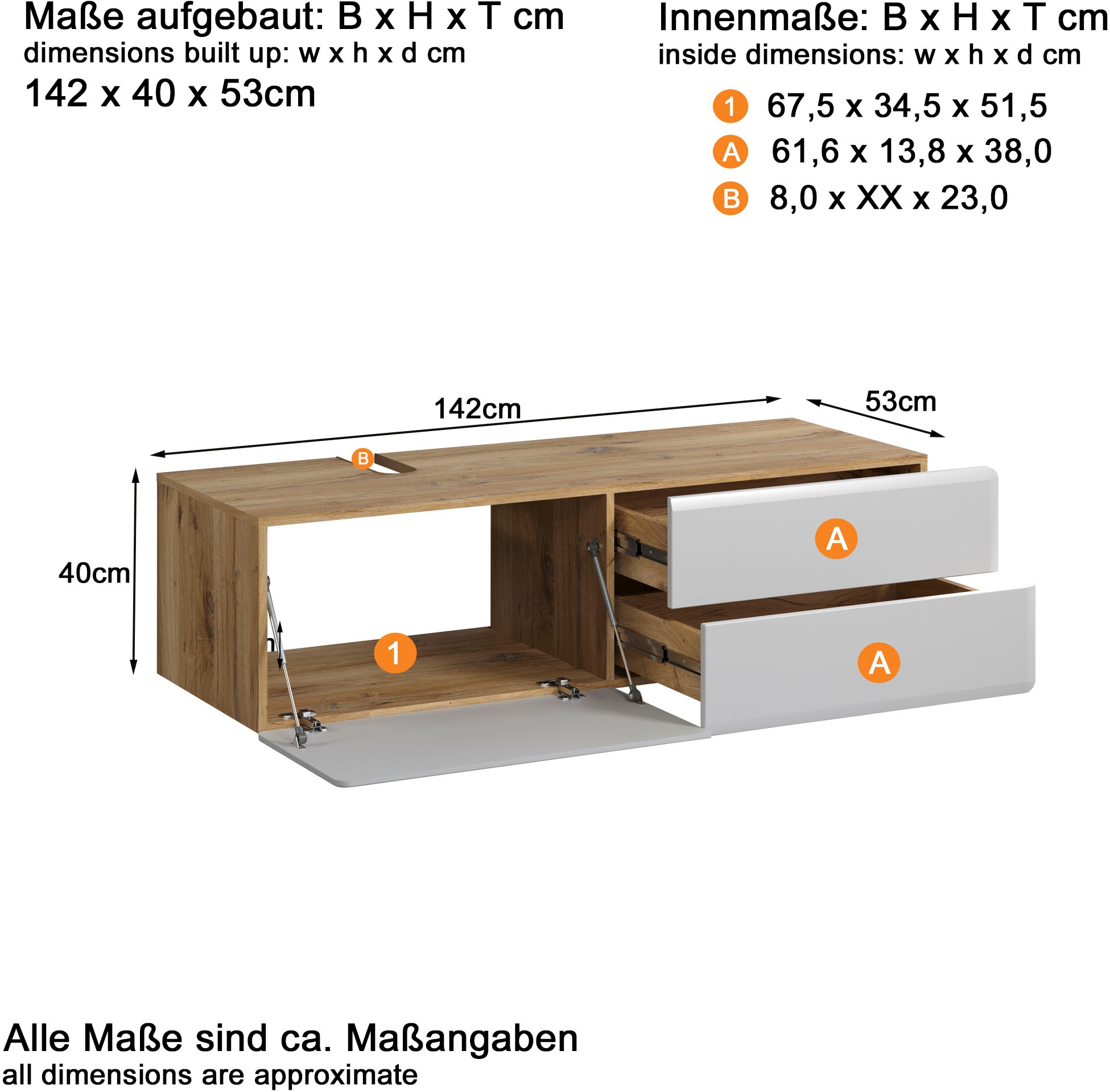 welltime Waschbeckenunterschrank cm, B/H/T: cm | (2 BAUR inklusive Eiche, Weiß Matt 80 »Sanremo«, Waschbecken 143/40/53 St.)