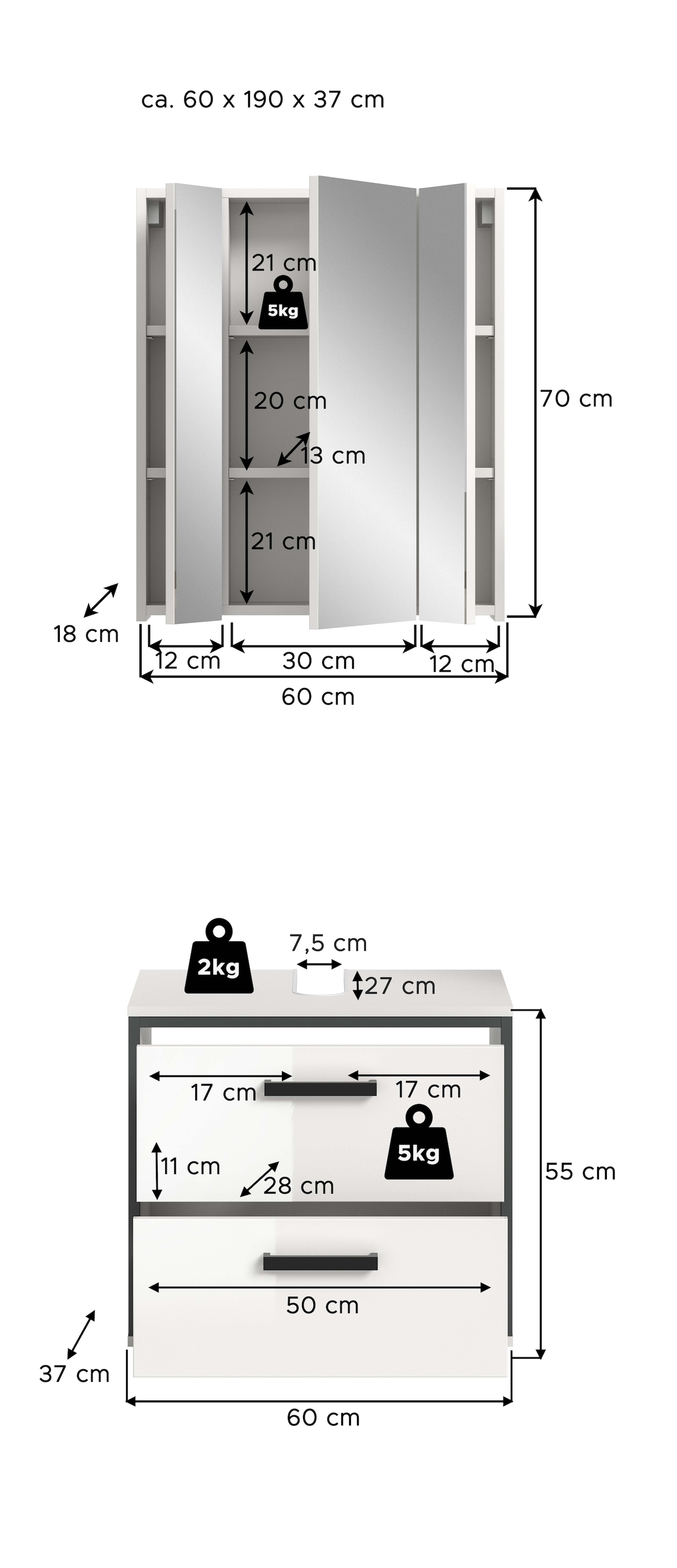 welltime Badmöbel-Set »KAJO, 2-tlg. Badkombination, weiß hochglanz,« Set, Set, best. aus: 1 Waschbeckenunterschrank, 1 Spiegelschrank, 2 Stk. tlg.