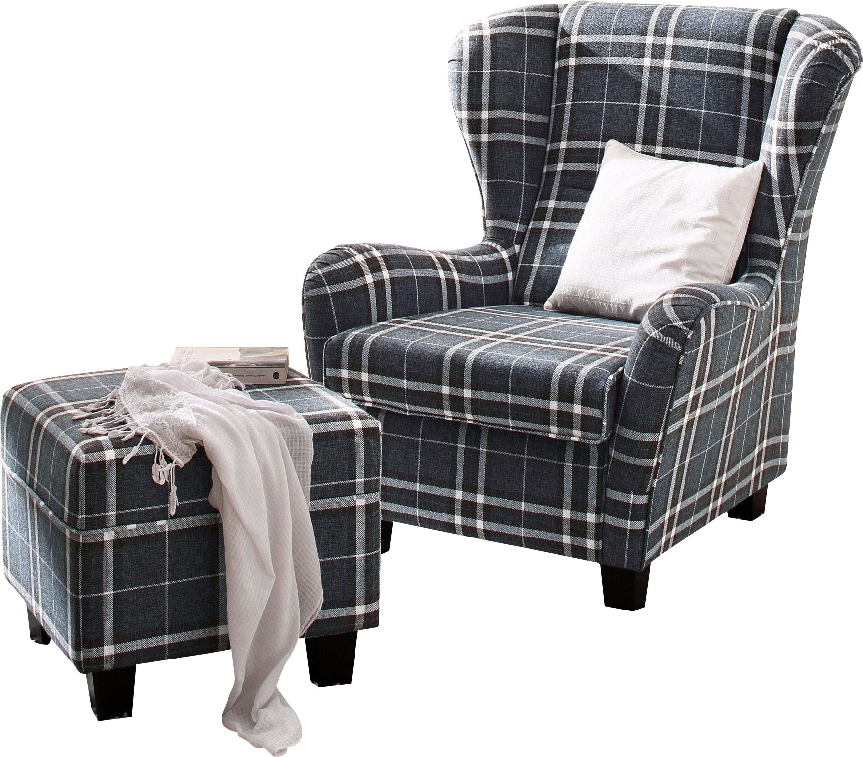 Sessel »Oliver«, inklusive Hocker, Struktur fein, Karomuster