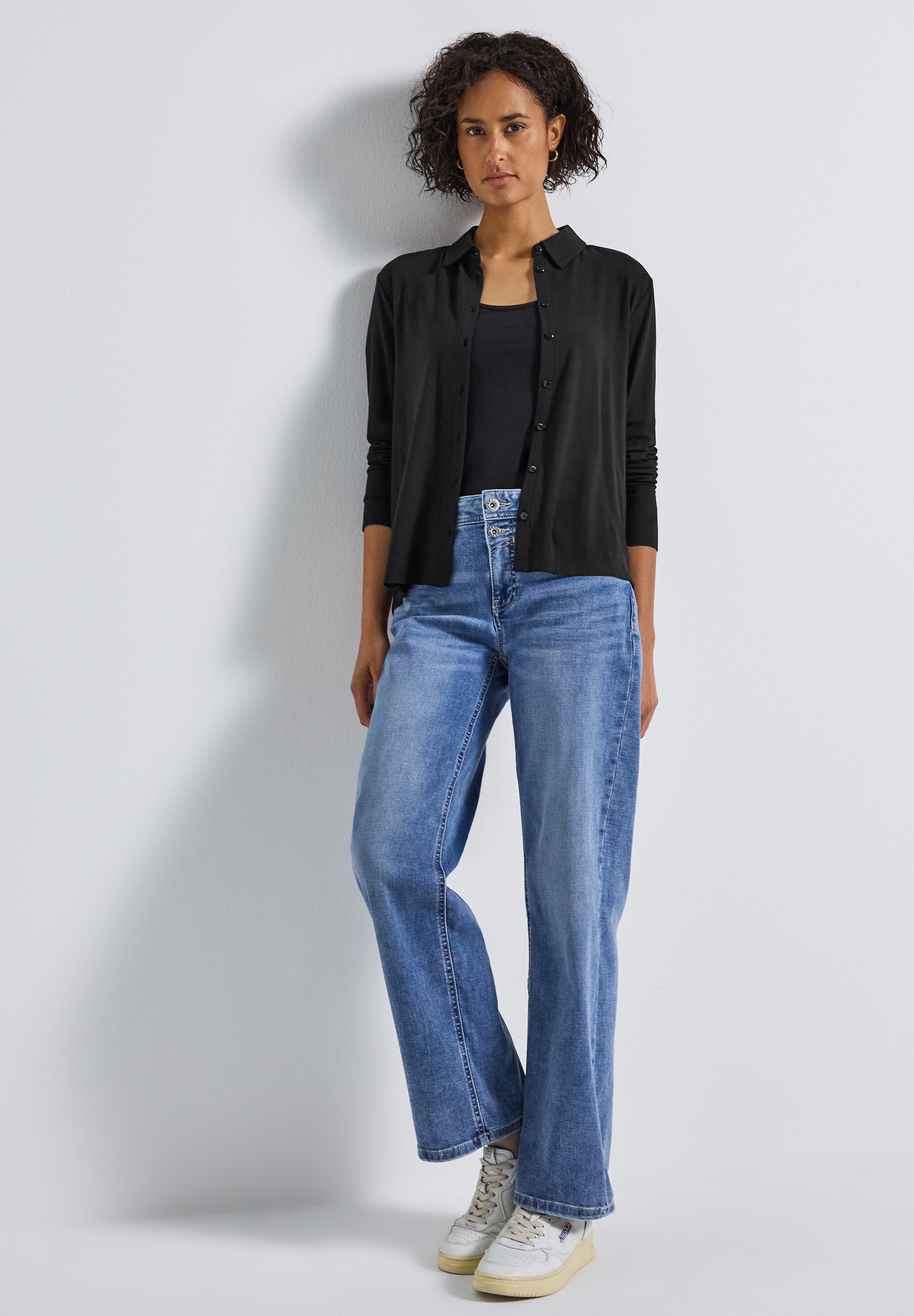 STREET ONE Langarmshirt, Jersey-Shirt im Blusen-Look und mit Knopfleiste
