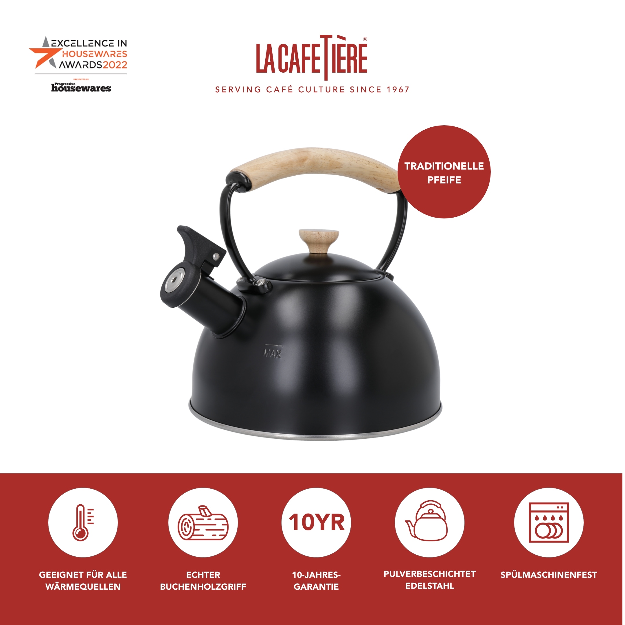 La Cafetière Wasserkessel »La Cafetière«, (1 tlg.), pfeifend, mit Holzgriff, 1,6 Liter, Induktion