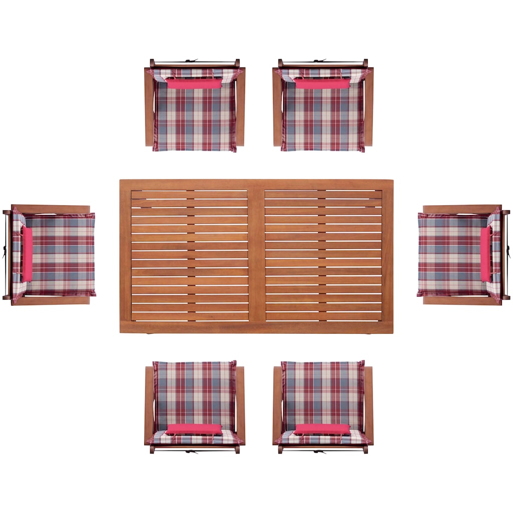 KONIFERA Garten-Essgruppe »Brasilia«, (Set, 13 tlg., 6x Stuhl, 1x Tisch 160x90x74 cm, inkl. Auflagen, Stühle sind klappbar), zertifiziertes Eukalyptus, Rückenlehne ist 5-fach verstellbar