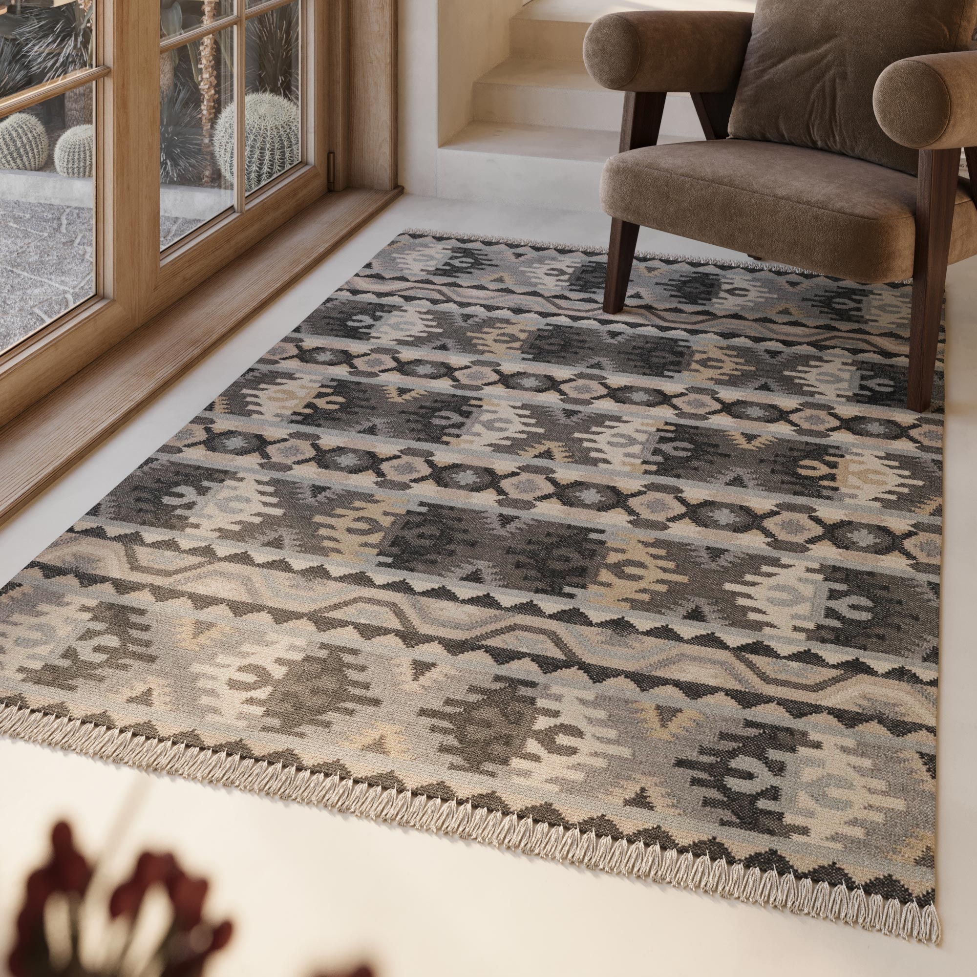 Wollteppich GREEN LOOOP, B:80cm H:5mm L:150cm, grau, Wolle, Teppiche, "Balou", Fransen, Kelim, handgewebt, Natur, Wohnzimmer, Schlafzimmer, Ethno