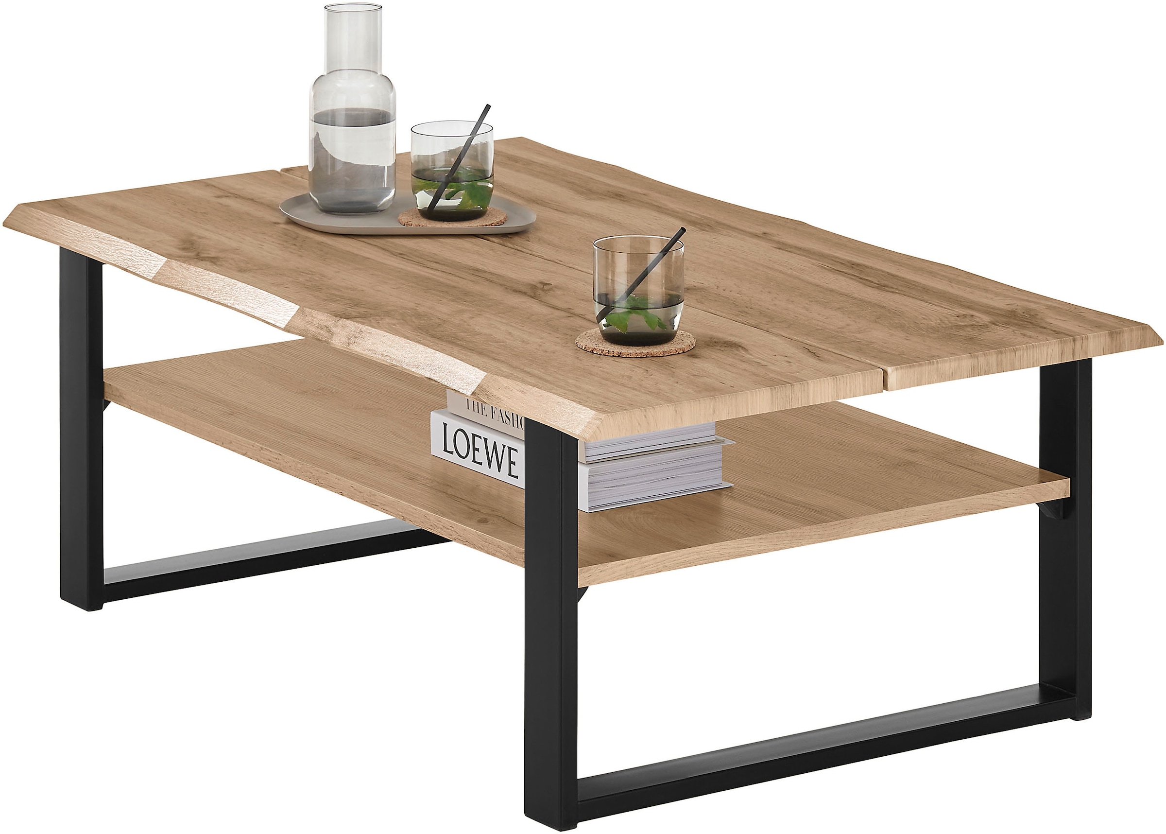 Stolkom Couchtisch »Venice Wohnzimmertisch mit Baumkante, BxHxT 107x40x66 cm«, Baumkantenoptik, Industrial Style, 1 Ablageboden, Wotan Eiche Optik
