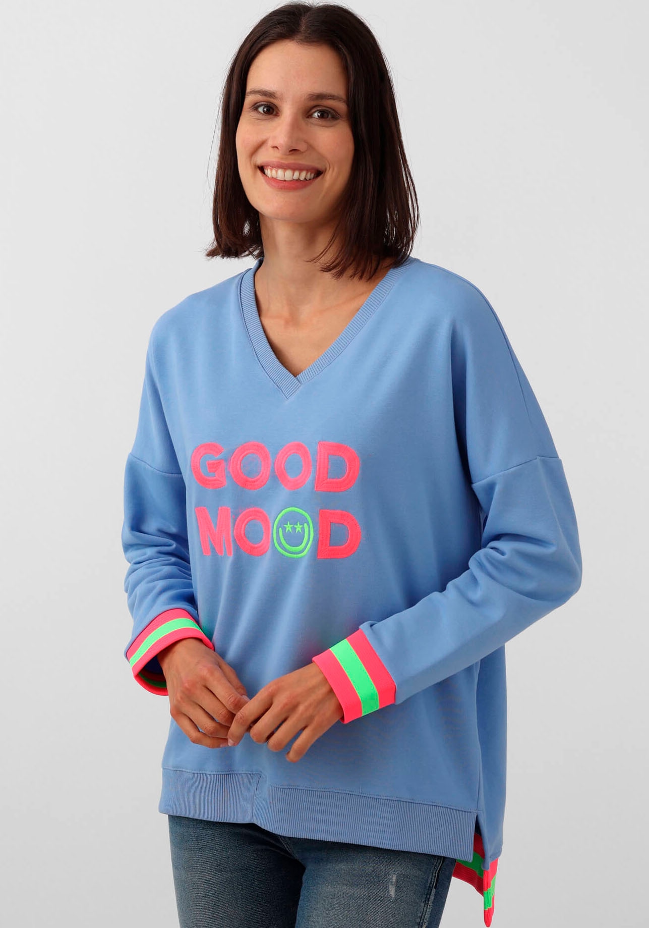 Zwillingsherz Sweatshirt "Dana", mit "Good Mood"-Schriftzug und neonfarbenen Bündchen