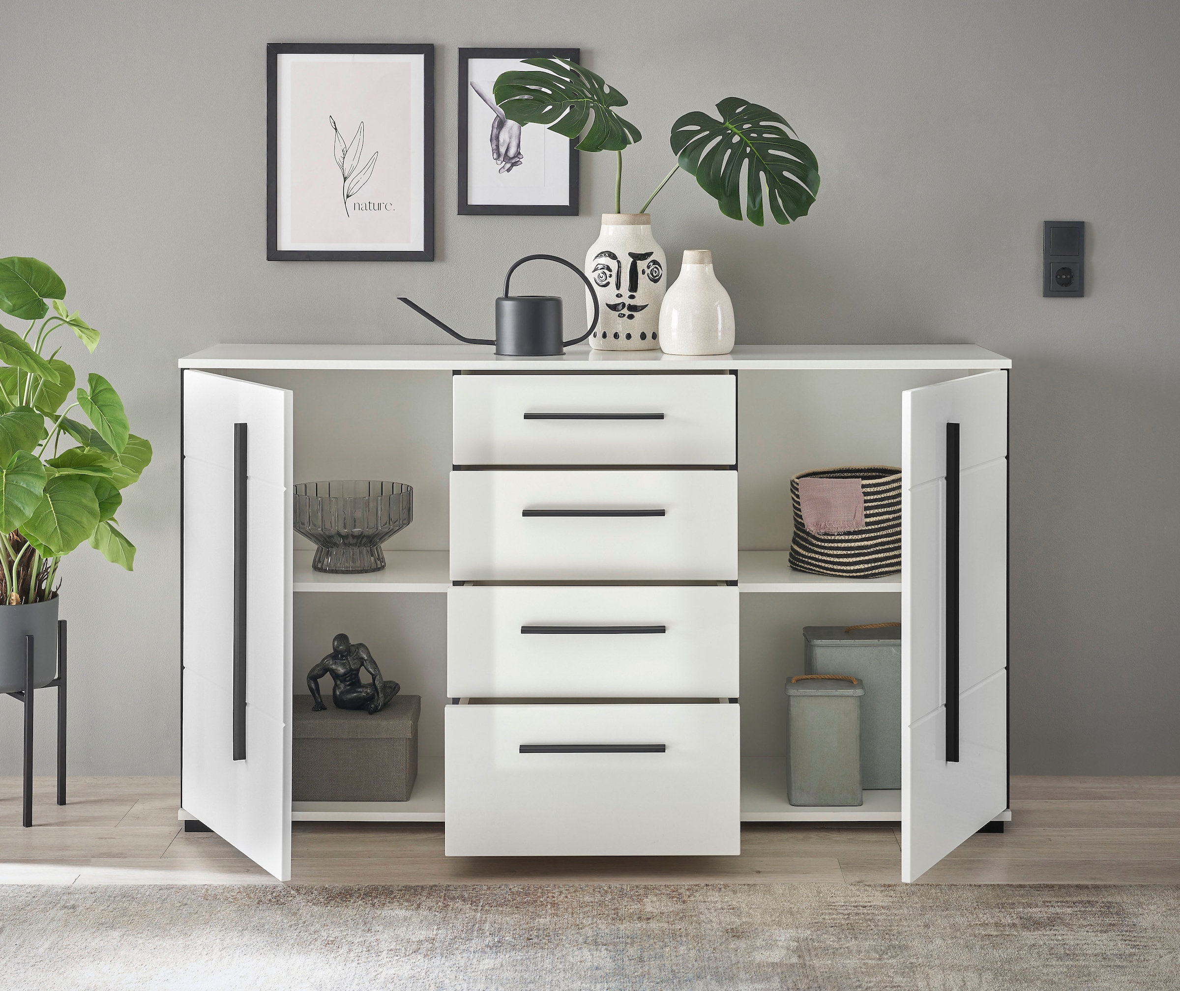 INOSIGN Sideboard »Cantara, moderner Schrank, Kommode in Eiche Evoke oder weiß«, schwarze Stangengriffe, ausreichend Stauraum, vielseitig einsetzbar