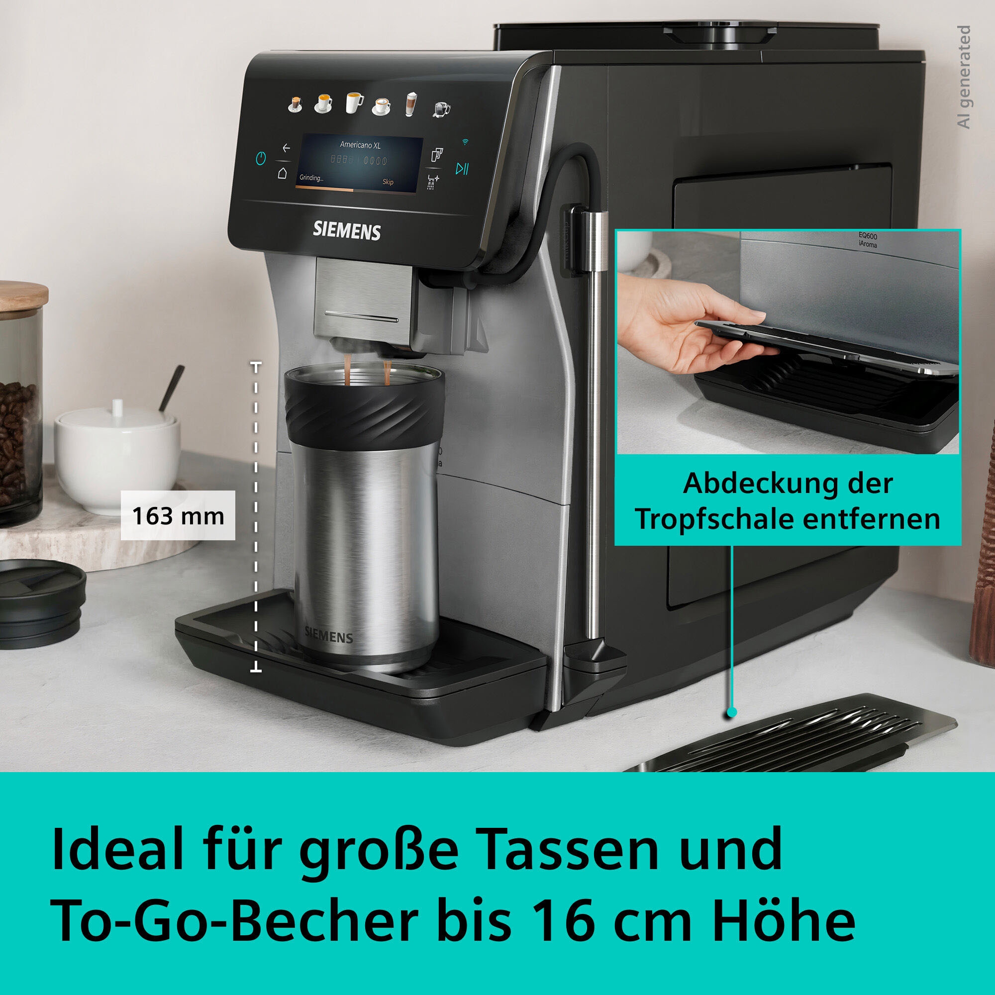 SIEMENS Kaffeevollautomat »EQ600 TP603E07, 6 Getränke, XL-Getränke, bis zu 480ml, Keramikmahlwerk« Doppeltassenfunktion, Kannenfunktion, entnehmbare Brüheinheit, Silber