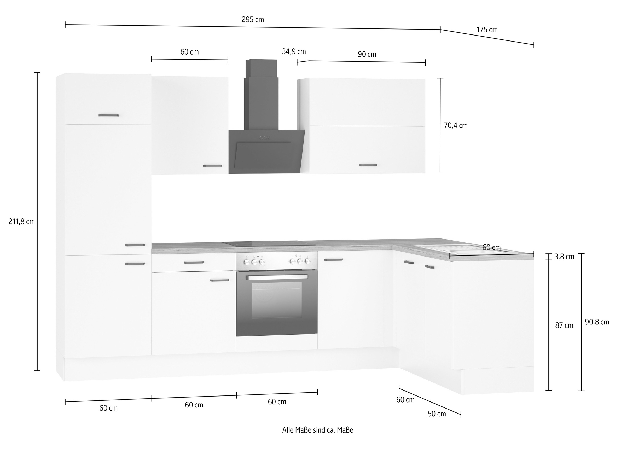 KOCHSTATION Winkelküche »KS-Paula, Stellmaße rechts B/T 295/175 cm, links B/T 175/295 cm« Wahlweise Spüle rechts oder links, mit und ohne E-Geräte