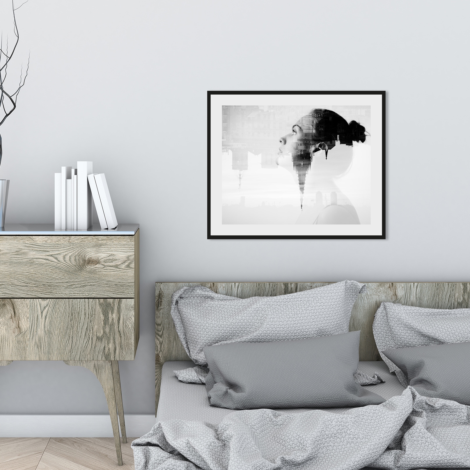 queence Bild "OVERTHINKING", Frau-Stadt-Städte-Foto-Schwarz-Weiß-Kunst, HD günstig online kaufen