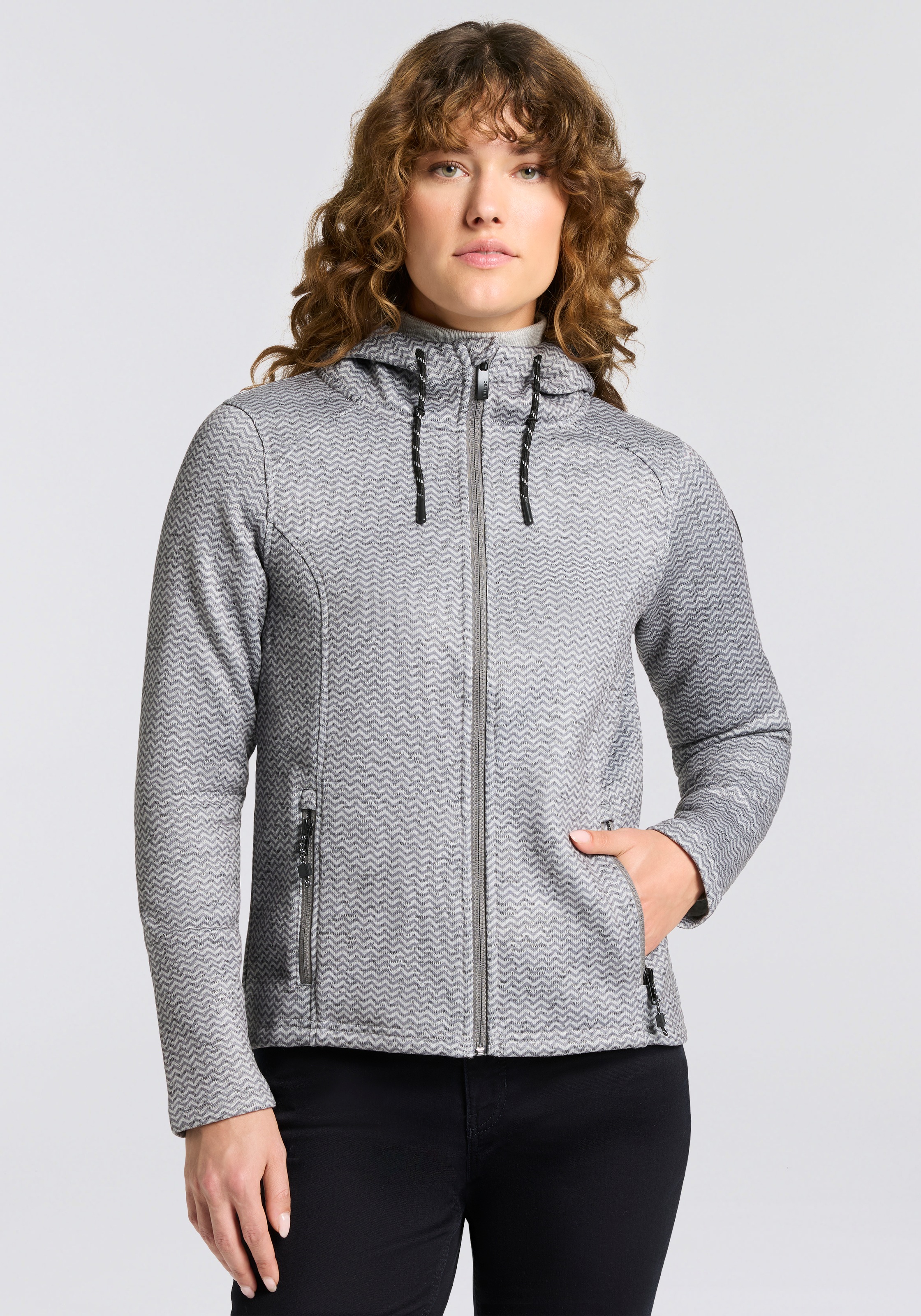 Strickfleecejacke KILLTEC "KOW 5 WMN KNTFLC JCKT", Damen, Gr. 44, grau, Obermaterial: 100% Polyester, normal, Jacken, Übergangsjacke mit verstellbarer Kapuze, mit Seitentaschen mit Zipper