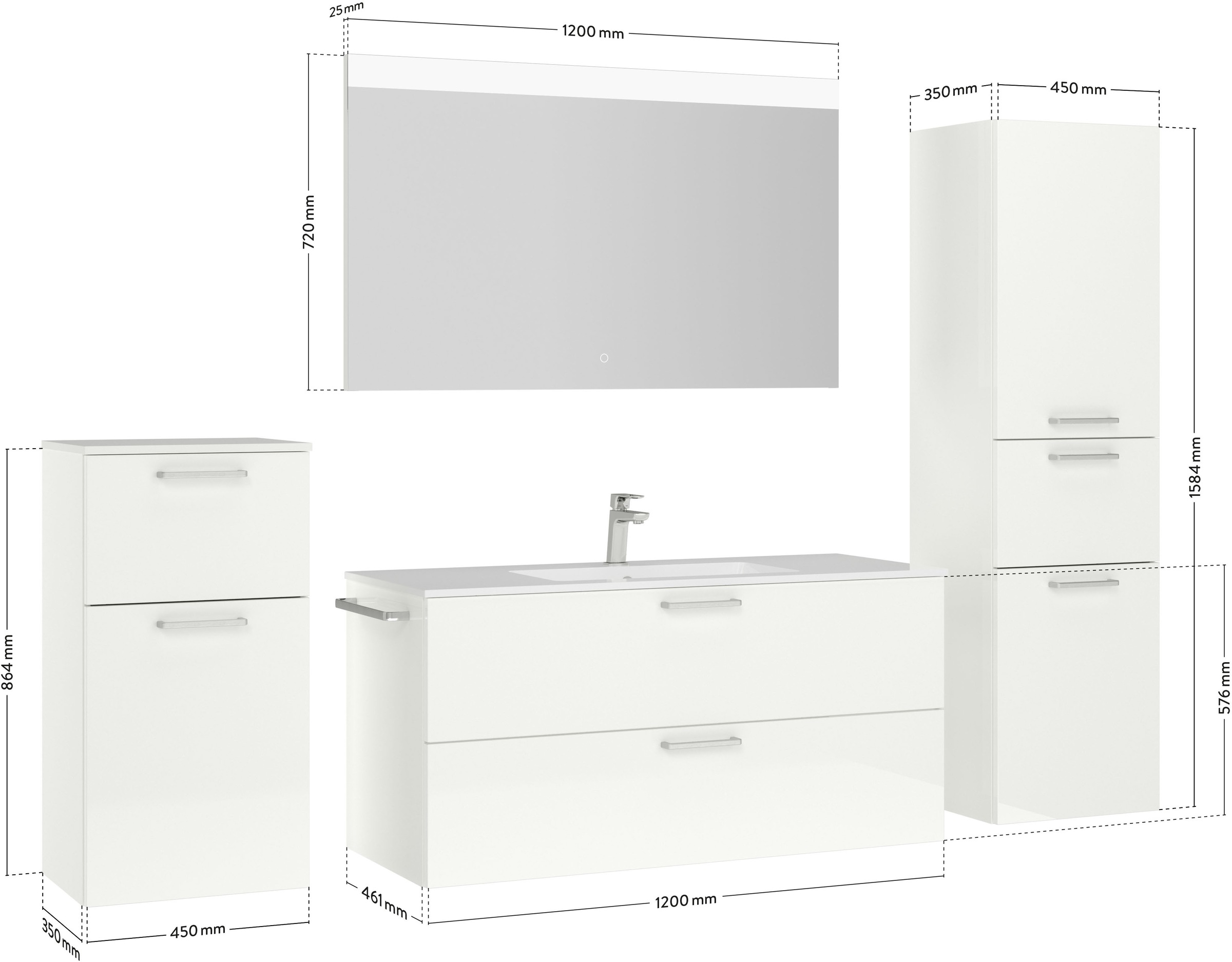 nobilia® Badmöbel-Set »Tolvina«, (4 St., vormontiert, mit Soft-Close), Hochglanz, inkl. Spiegel mit Touch-Sensor, in vier Breiten
