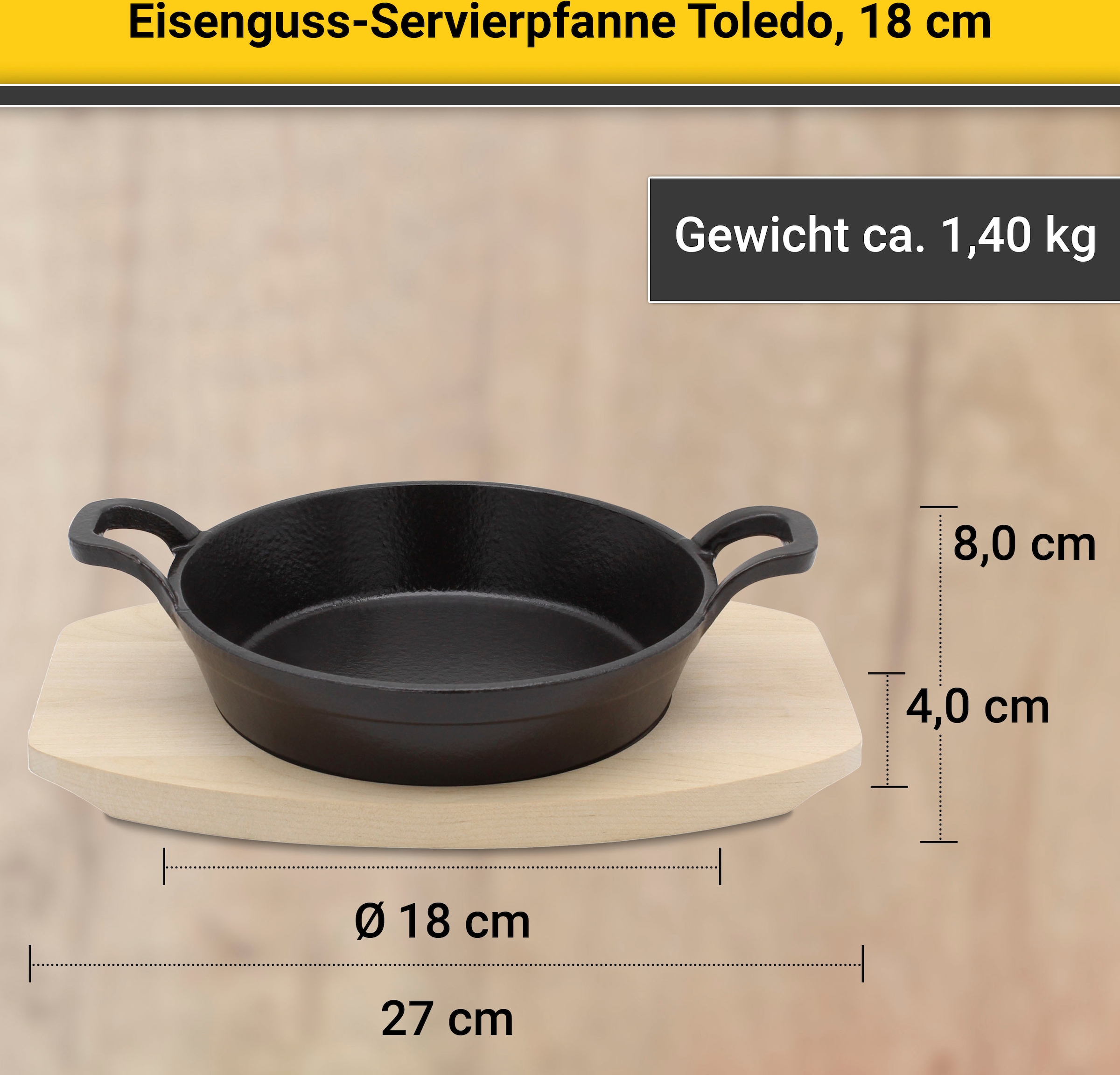 inkl. | kaufen Krüger tlg.), (1 Ø Servierpfanne Gusseisen, cm BAUR »Toledo«, Holzteller, 18 Induktion,