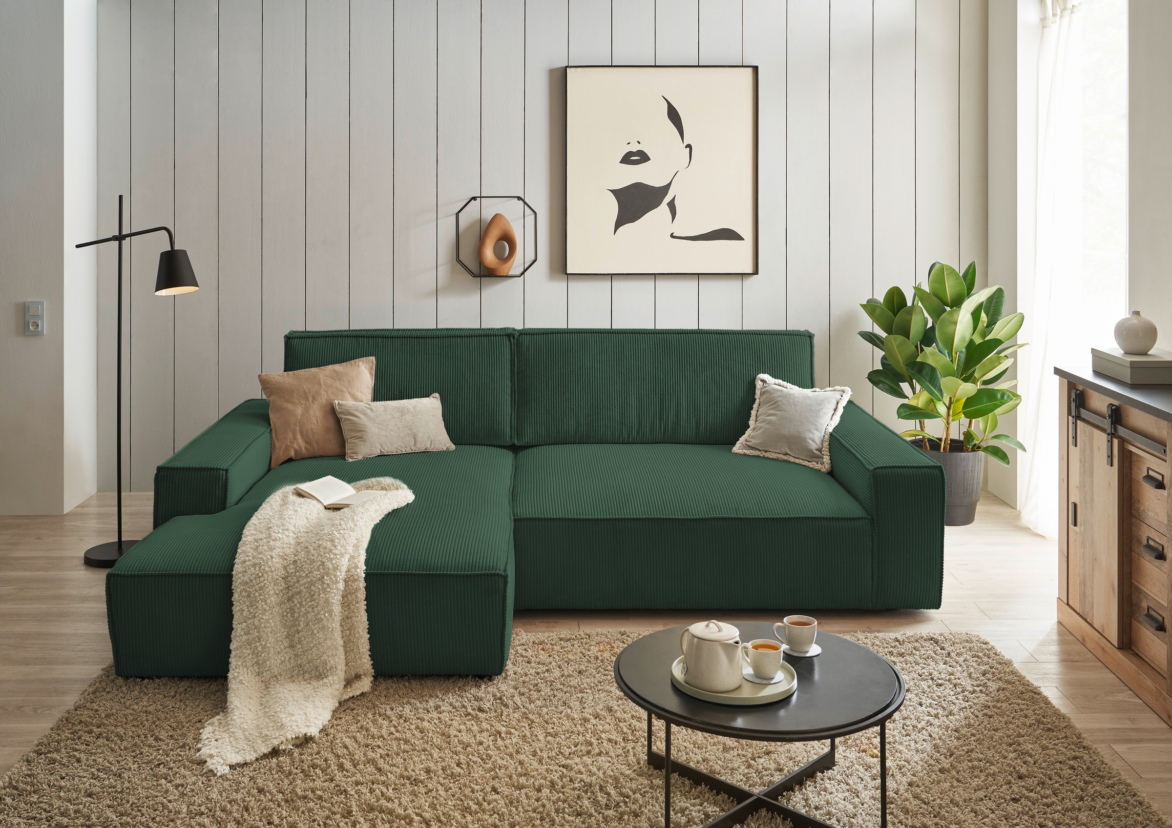 Home affaire Ecksofa »NEU: SHERWOODL XXL 284, Big-Sofa L-Form, tiefe Sitzfläche 95 cm, Cord,«, Leinenoptik, Recamiere rechts/links, auch als Schlafsofa stellbar