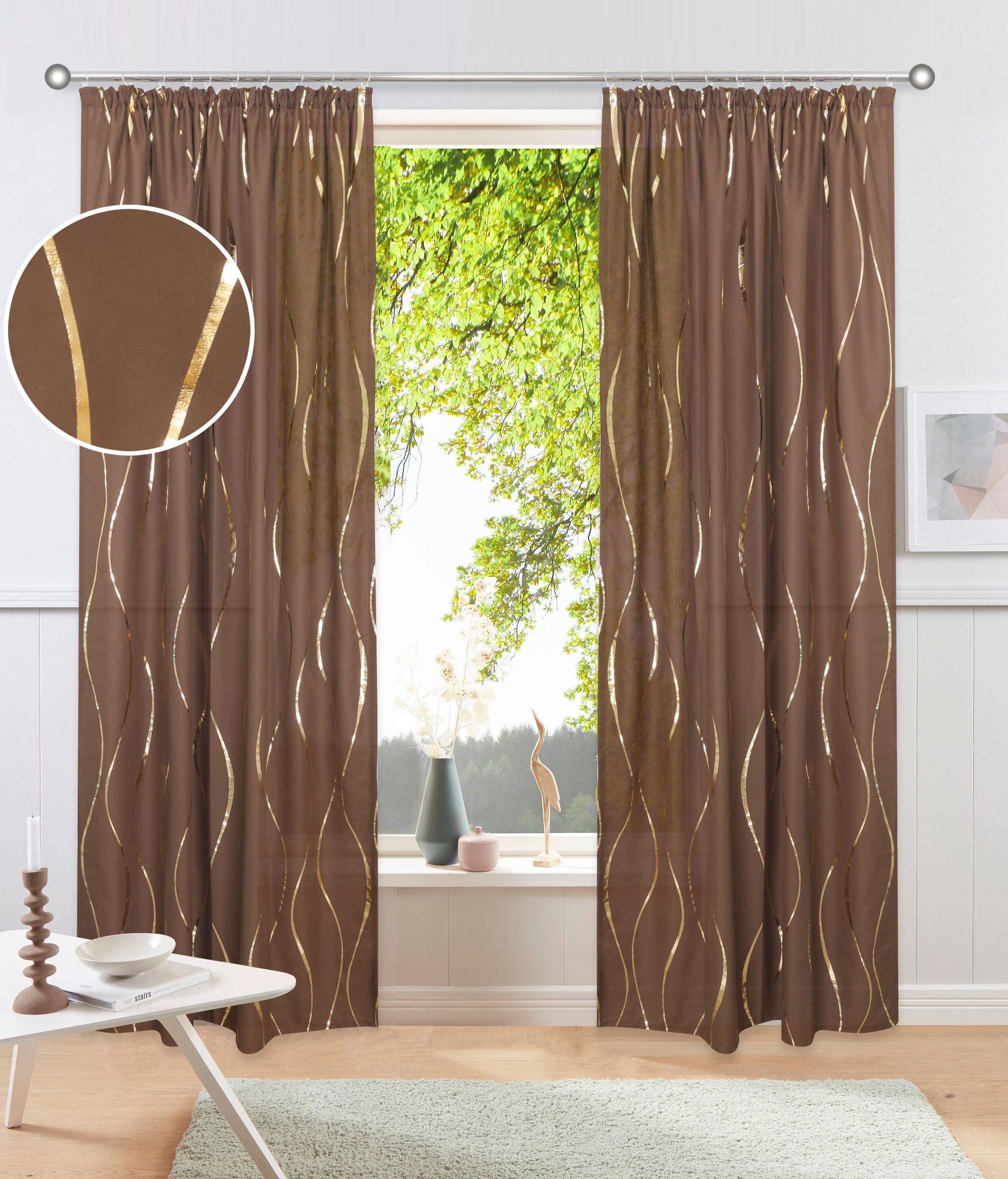 OTTO home Gardine »Quinnton« Kräuselband 2 Stk. tlg. Metallic‑Akzenten, Kräuselband, schöner Stoff, mittelleicht