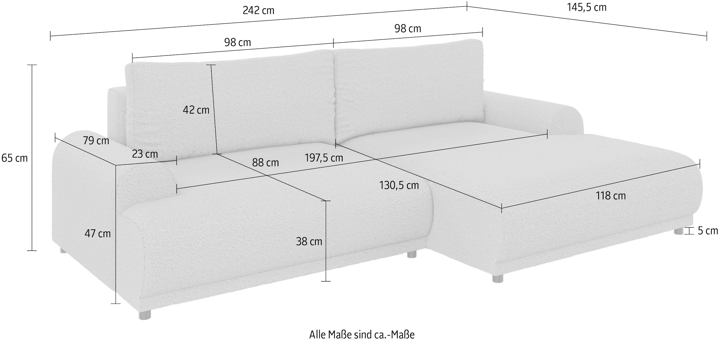 INOSIGN Ecksofa »Marsby, mit Bettfunktion und Bettkasten, Maße: B/H/T 242/65/145 cm«, L-Form mit Wellenunterfederung, Recamiere links oder rechts bestellbar