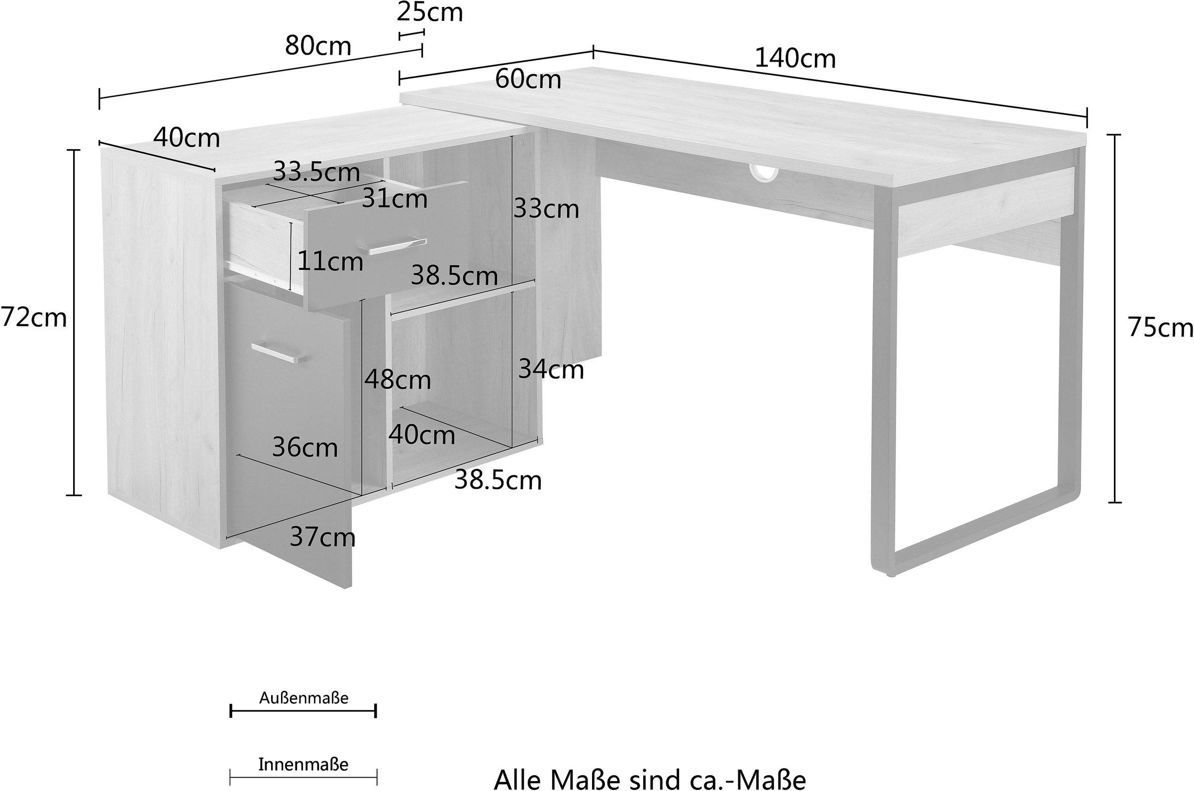 Places of Style Eckschreibtisch »Moid, Computertisch, Kabeldurchlass, mit Regalfächern,«, Schublade und Tür, flexibles Regalelement, 140x82-115 cm