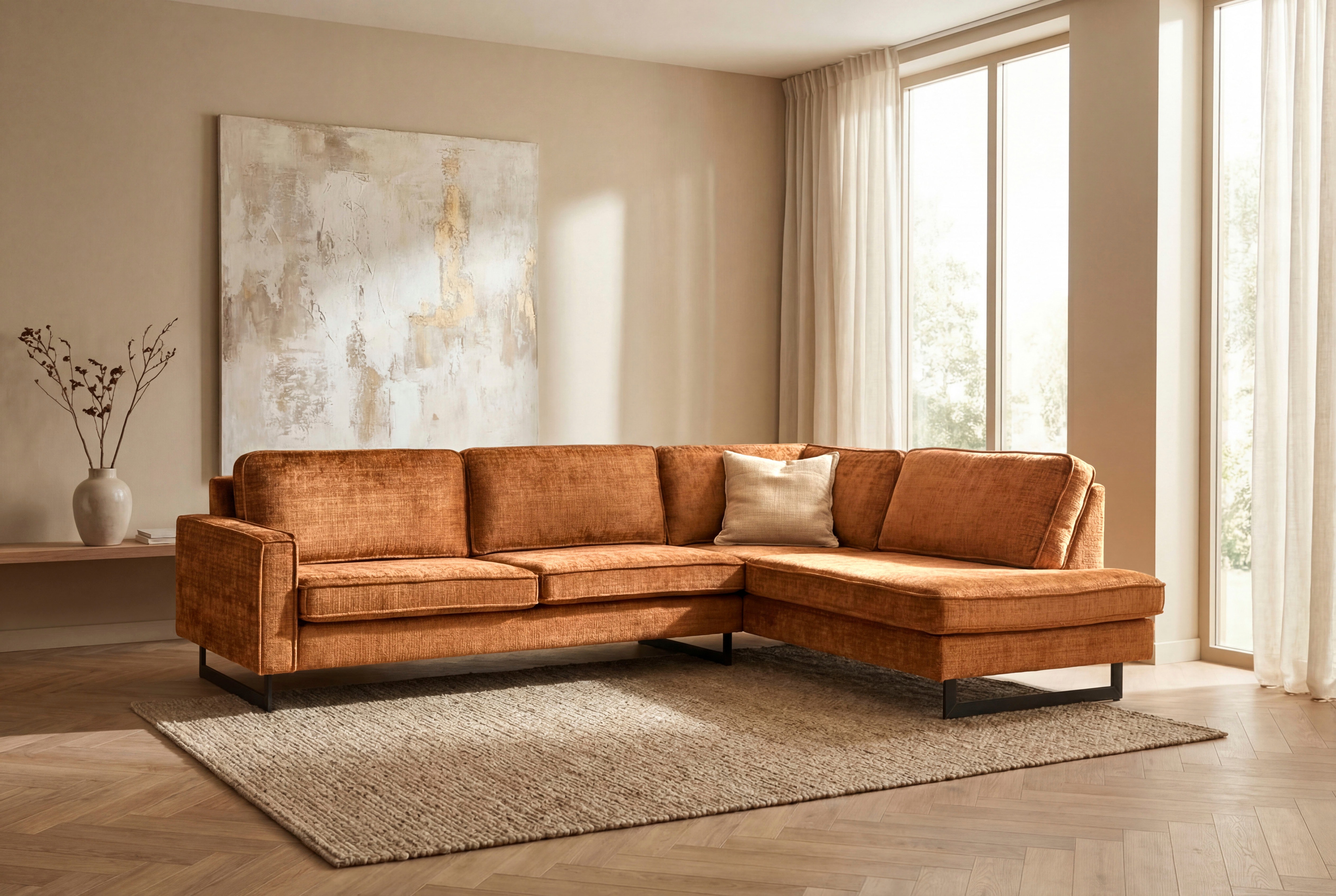 OTTO home Ecksofa "Pinto, 290 cm, Cord, Chenille, Lederoptik, Ottomane links / rechts" mit Keder, schwarze Metallfüße, Wellenunterfederung