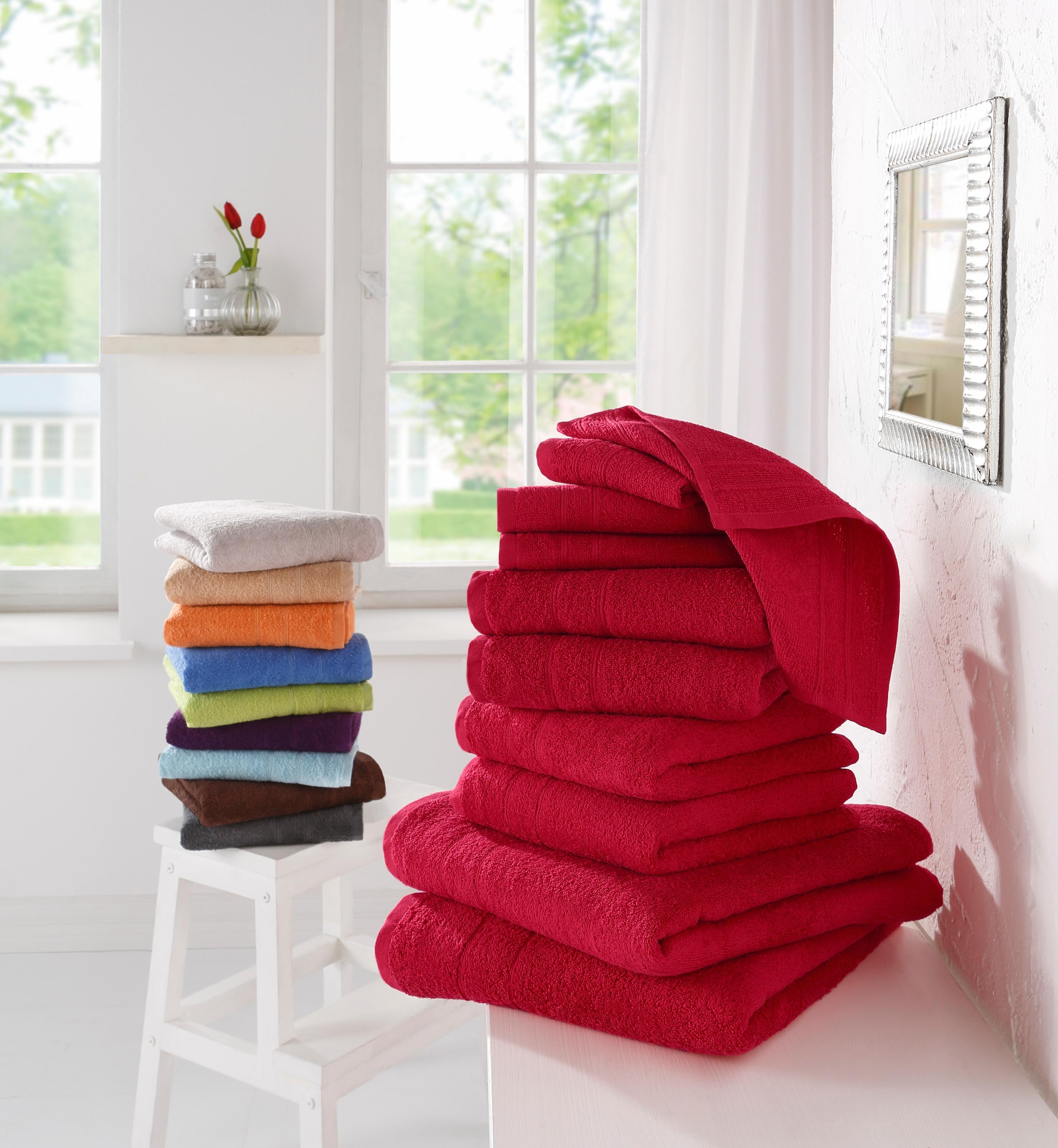 my home Handtuch Set »Inga, Duschtücher, Handtücher, Gästetücher, Seiftücher«, 10 tlg., Walkfrottee, Handtücher mit feiner Bordüre, 100% Baumwolle, einfarbig, weich