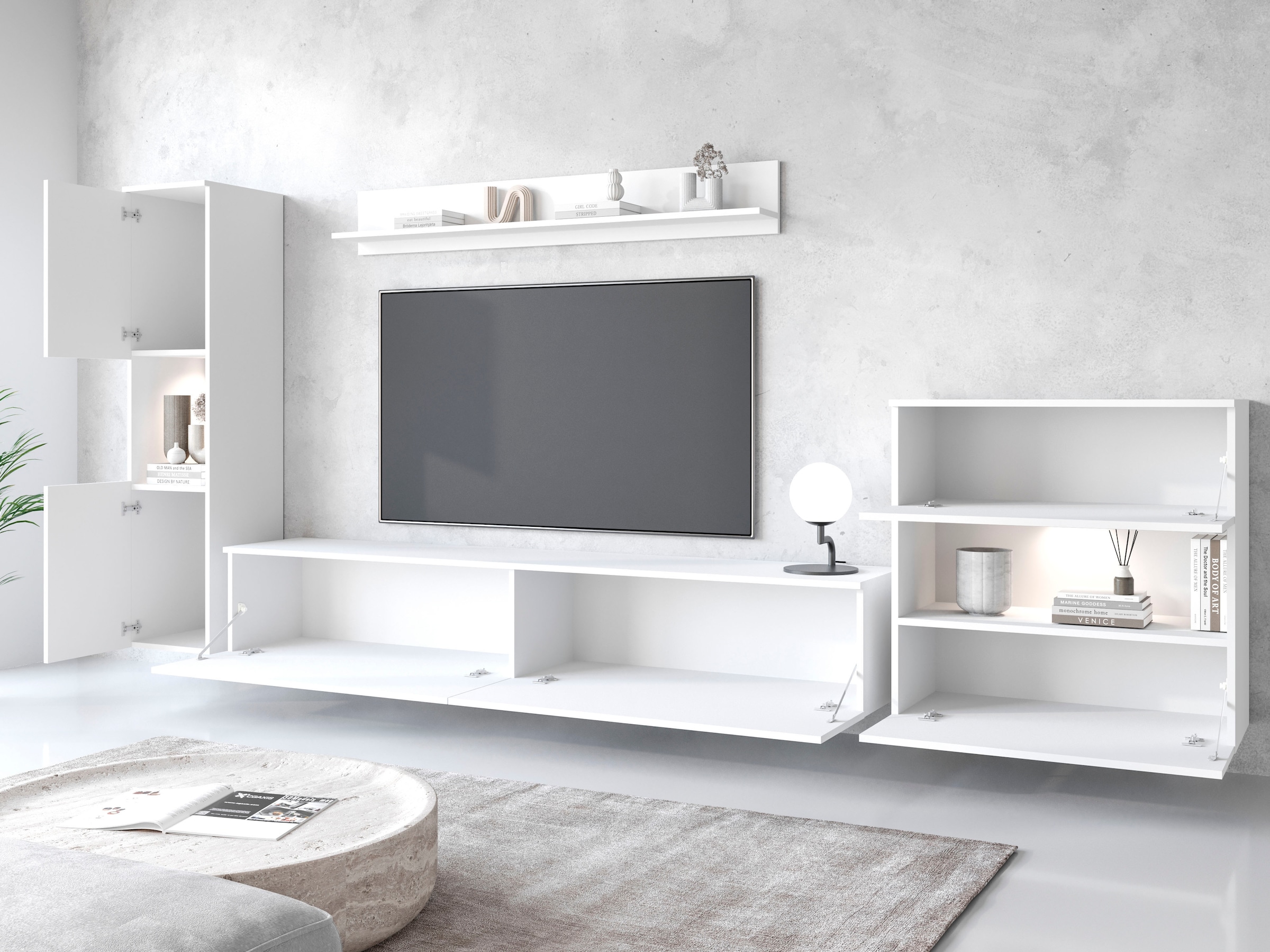 INOSIGN Wohnwand »PARIS«, (Komplett-Set, 4 St.), TV-Wand 300cm breite, grifflose Design, stehend und hängend montierbar