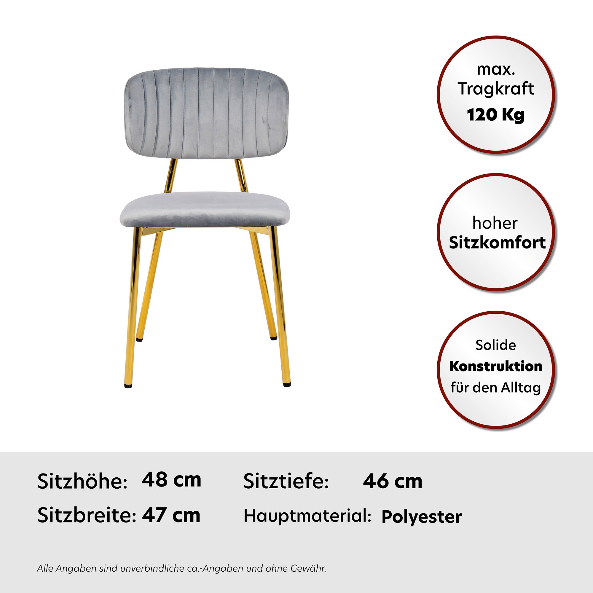 Polsterstuhl KAYOOM "Stuhl Giselle 125 2er-Set, pflegeleichter Samtbezug", grau, B:51cm H:80cm T:47cm, Sitz:Stoffbezug aus 100% Polyester Gestell:100% Eisen, Stühle, Polsterstuhl, mit Armlehnen, goldenes Gestell aus Edelstahl, Samtbezug, Ziernähte 2