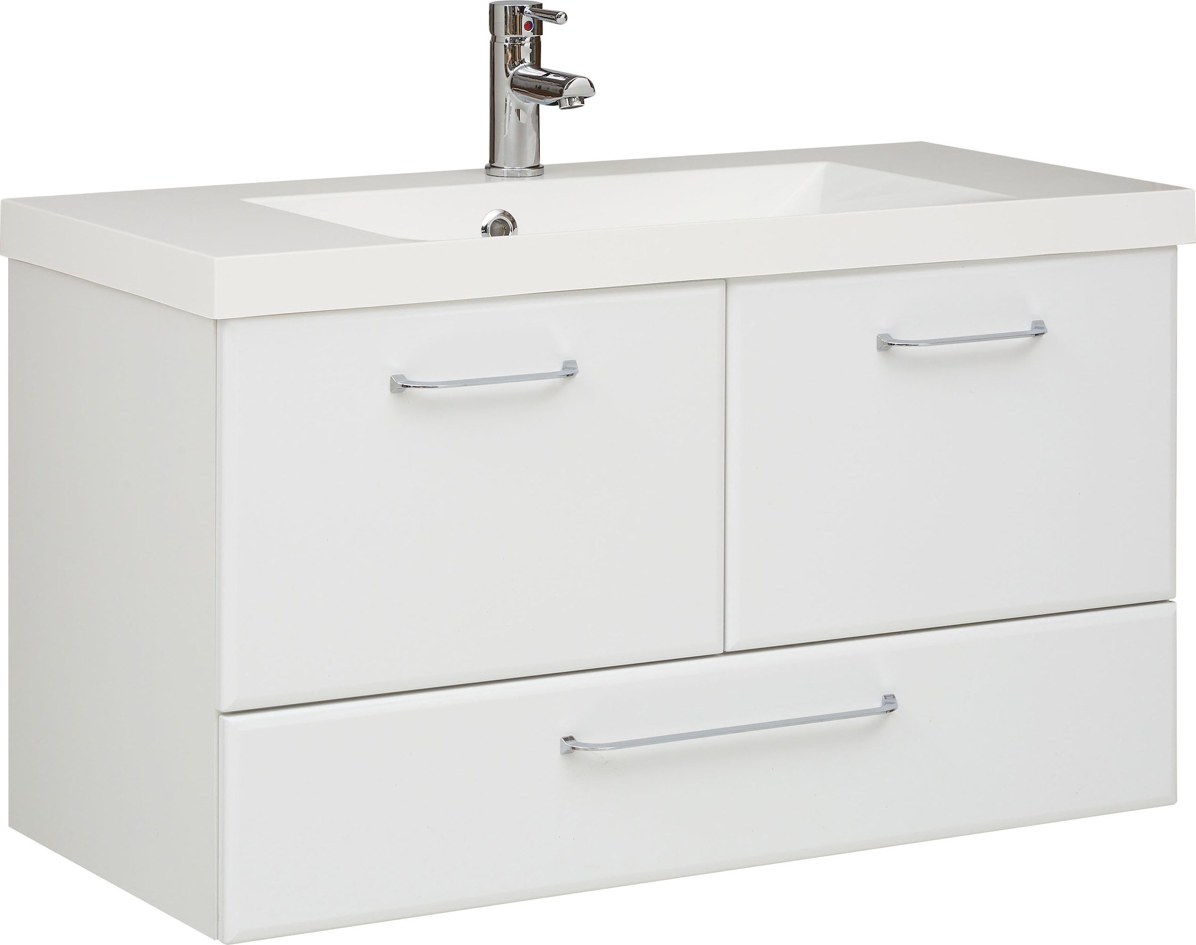 Saphir "Quickset Mineralmarmor-Waschtisch mit Unterschrank, 99 cm breit" Wachplatz, Griffe Chrom Glanz, inkl. Türdämpfer, 2 Türen, 1 Schublade
