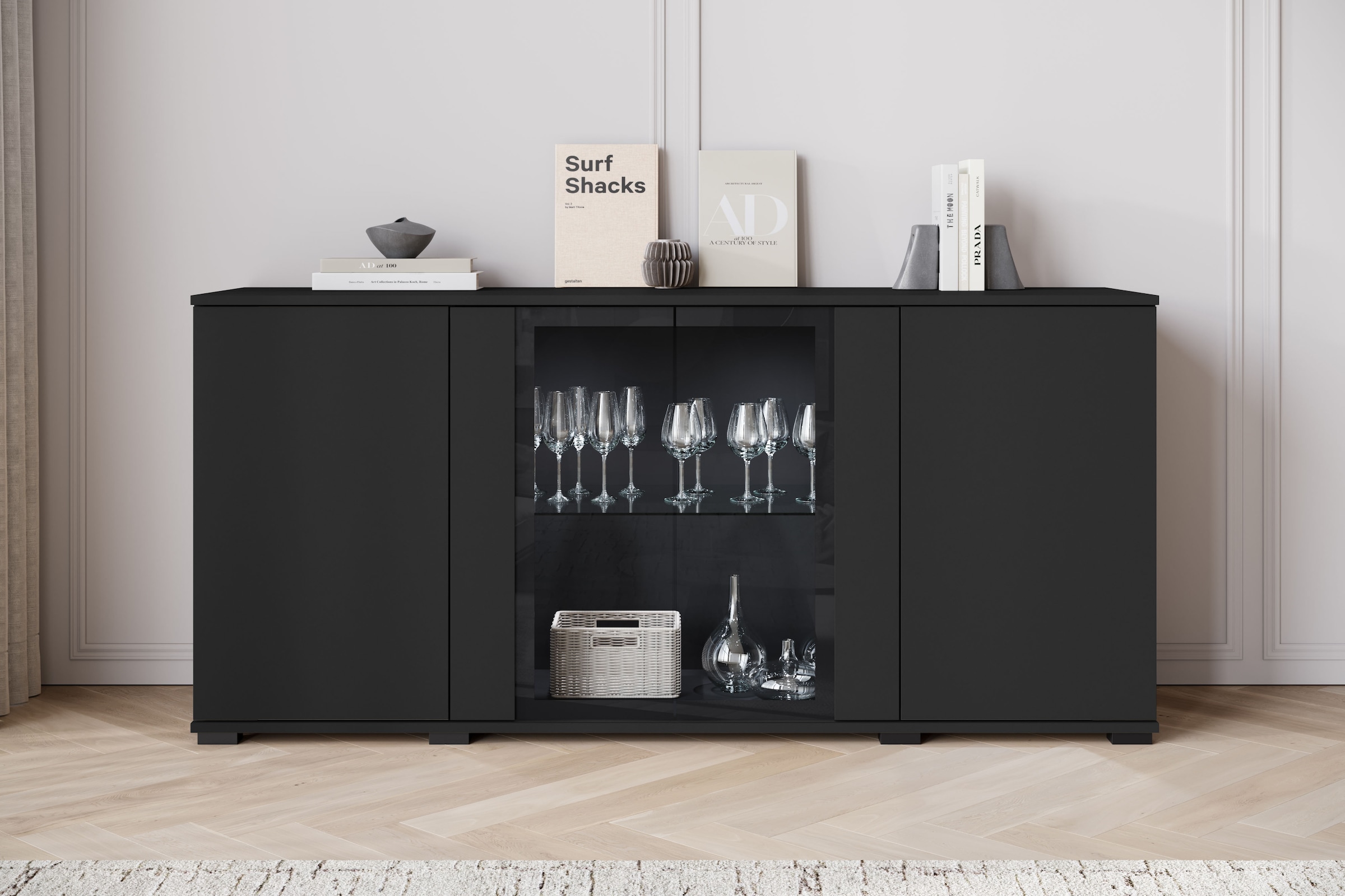 INOSIGN Sideboard »Caro, modernes Design mit Glaseinsätzen, Breite 150 cm«, (1 St.), Grifflose Fronten mit Push-to-Open, höhenverstellbare Einlegeböden