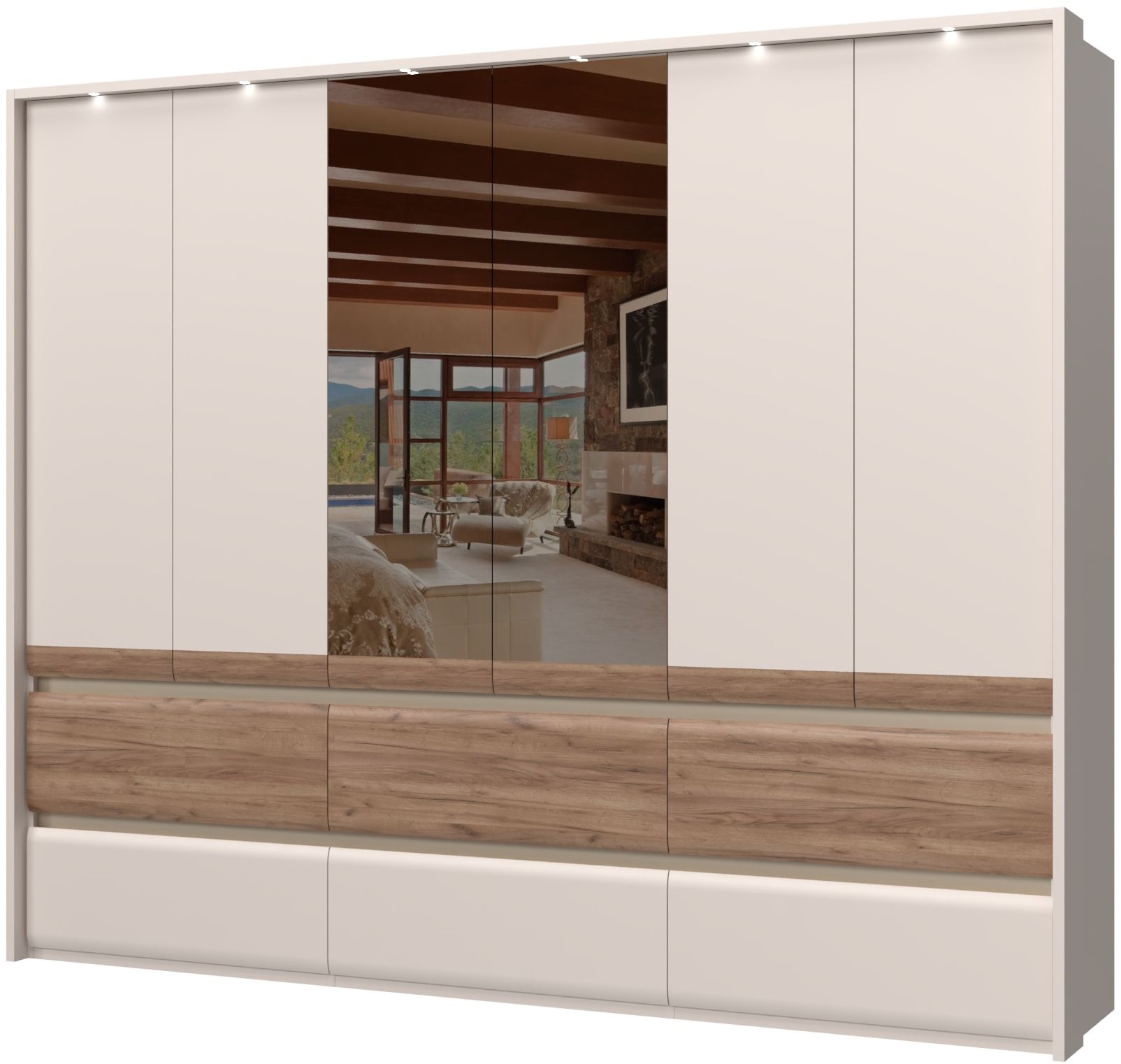 Places of Style Kleiderschrank »Invictus, UV lackiert, FSC-zertifiziert, grifflose Optik«, (abgerundete Schubladen aus MDF im Holzdekor, soft-close), mit Beleuchtung und Spiegel, in 4 Breiten, hoher Schrank (226cm)