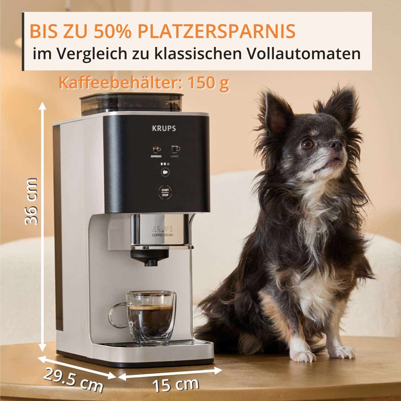 Krups Kaffeevollautomat »Coffee Crush SA4001 für Espresso & Lungo, platzsparend mit 15 cm Breite« frisch gemahlene Bohnen oder vor-gemahlen, einfache Reinigung,