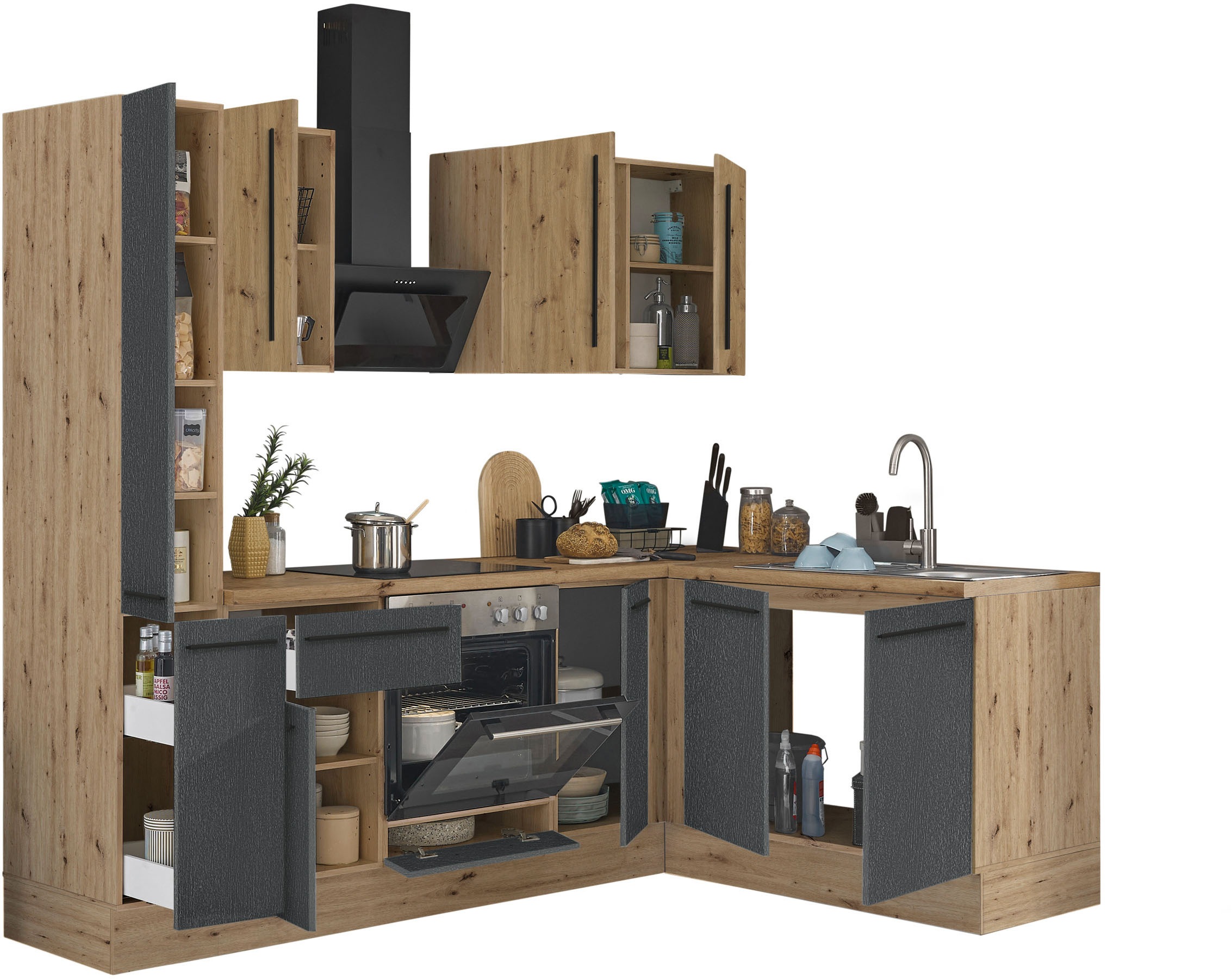 Thumbnail - KOCHSTATION Winkelküche "Florida, Stellbreite 240x165 cm" wahlweise mit E-Geräten, mit Softclose für Türen und Schubkäst...