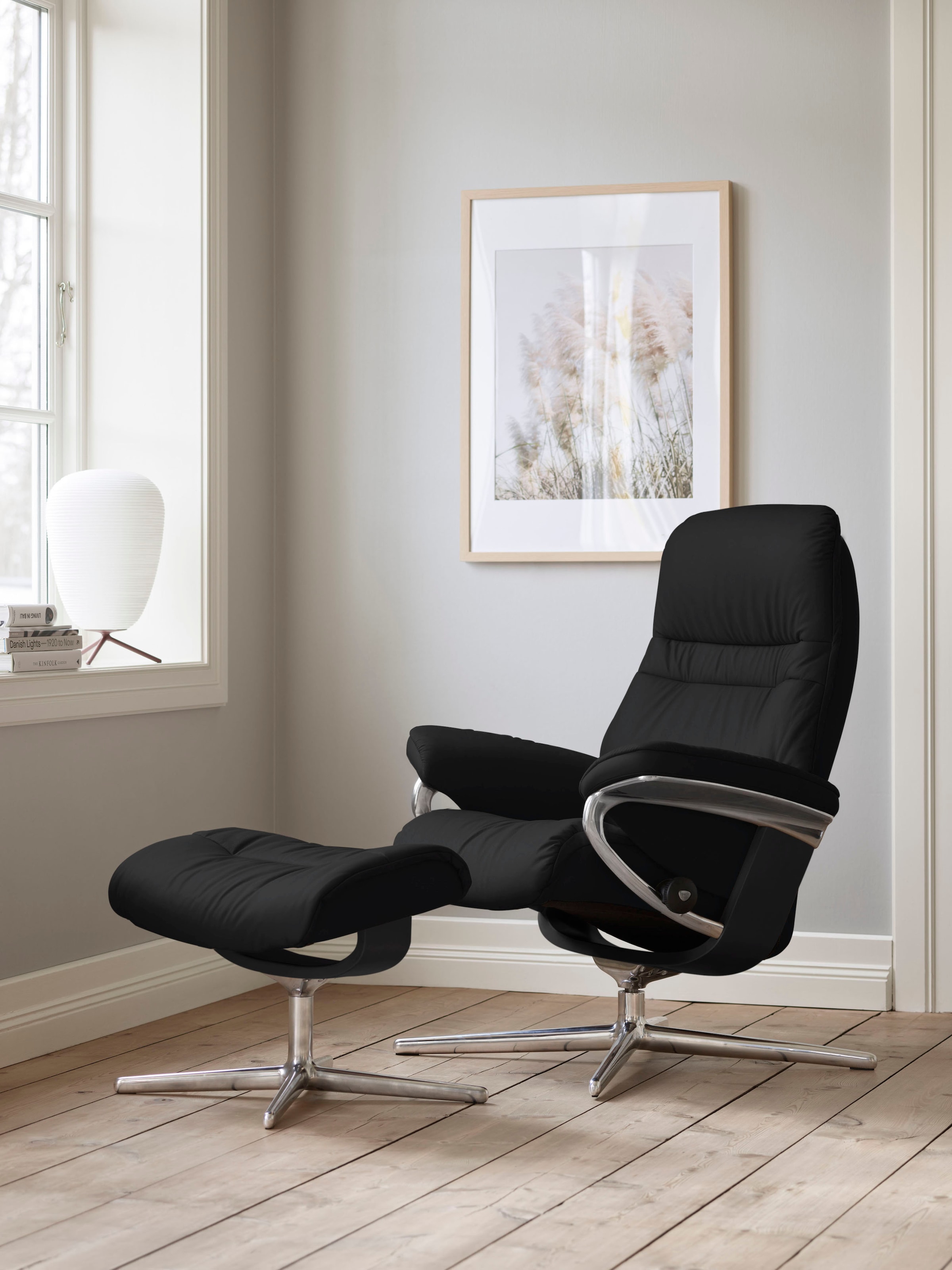 Stressless Relaxsessel "Sunrise" Set, Relaxsessel mit Hocker, mit Hocker, mit Cross Base, Größe S, M & L, Holzakzent Schwarz