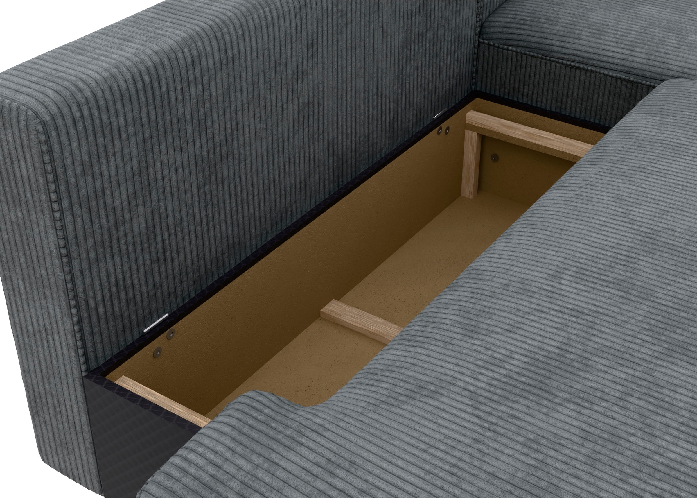 TRENDMANUFAKTUR Ecksofa »Fordon II, Schlafsofa mit Bettkasten, Couch in L-Form, Breite 250 cm«, in Cordstoff HYPER, dunkelgrau, Armlehne rechts
