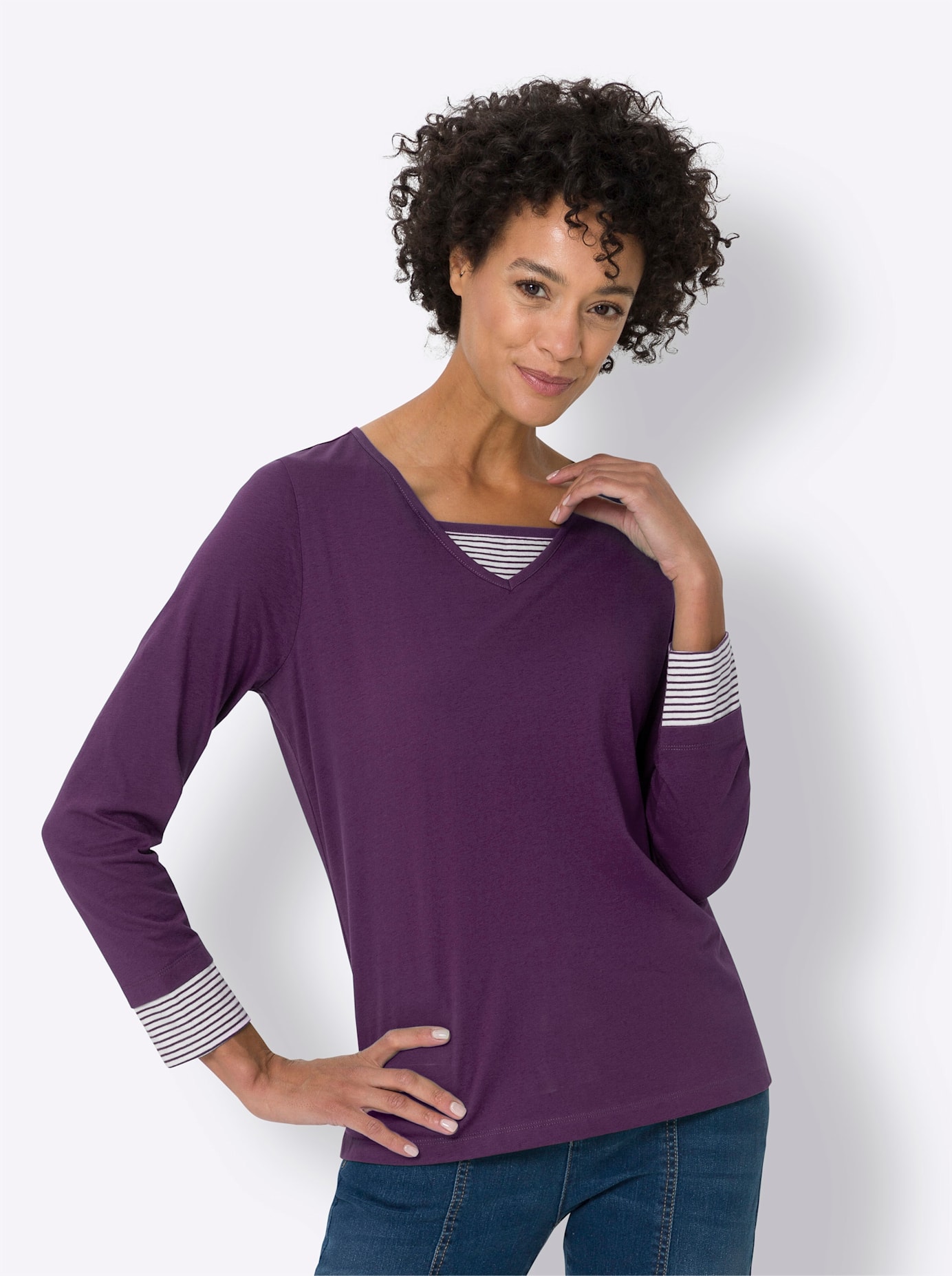 Langarmshirt CLASSIC BASICS "Shirt", Damen, Gr. 40, lila (traube), 100% Baumwolle, gemustert, mehrfarbig, V-Ausschnitt, Shirts Langarmshirt
