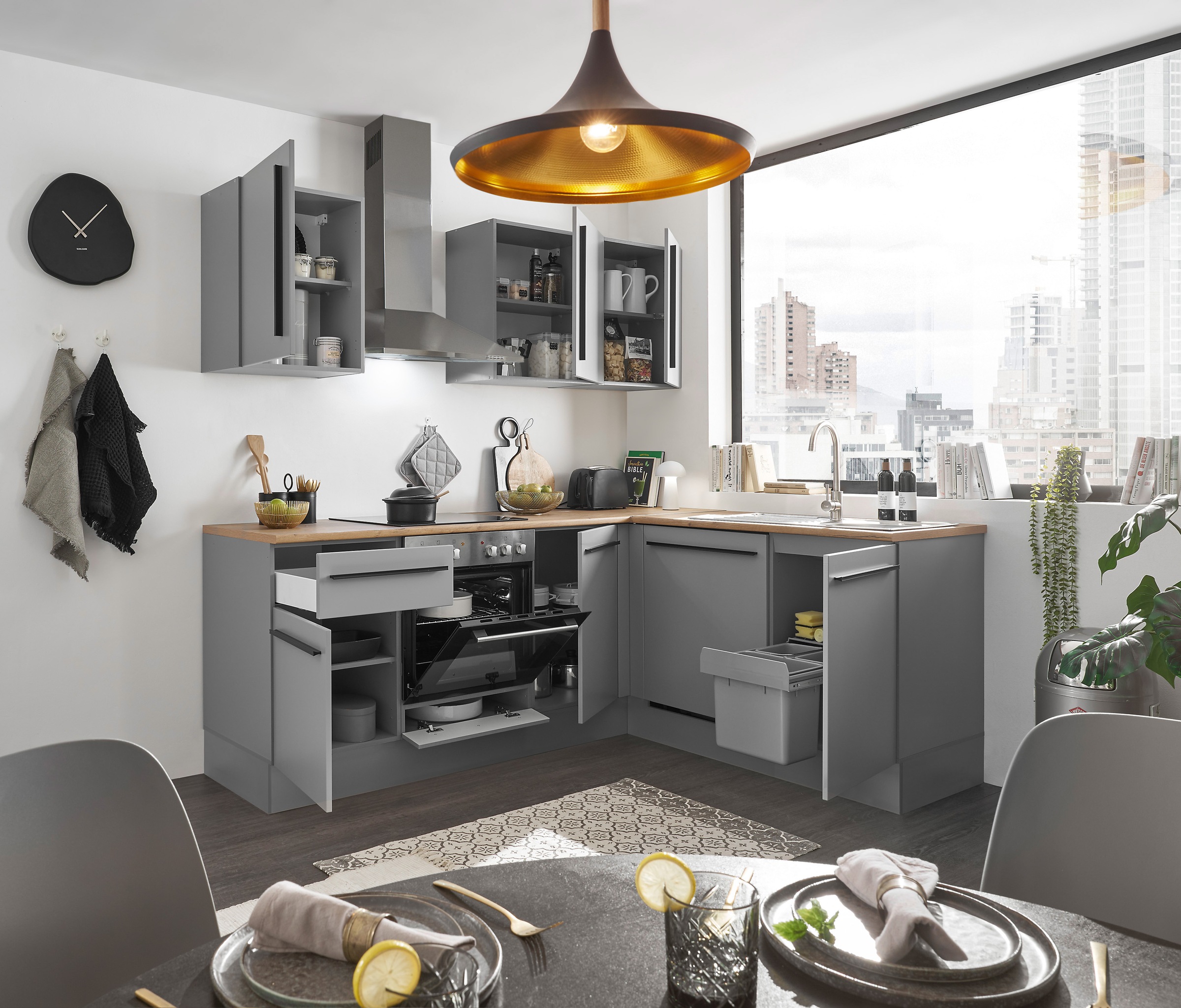 BASIC by Balculina Winkelküche »Denver, Küche BxHxT 220/115 x 211 x 60«, Breite 220 cm, wahlweise mit E-Geräten und Induktion
