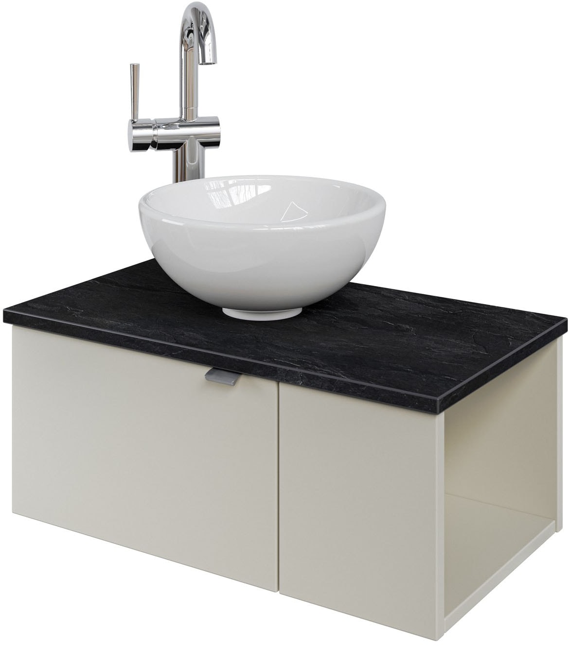 Saphir Waschtisch "Serie 6915 Waschschale mit Unterschrank für Gästebad, Gäste WC" Keramik-Aufsatzbecken, Waschtischplatte, Waschtischunterschrank, 3 Stk. tlg. 61 cm mit Keramik-Aufsatzbecken, 2 Türen und 1 Fach