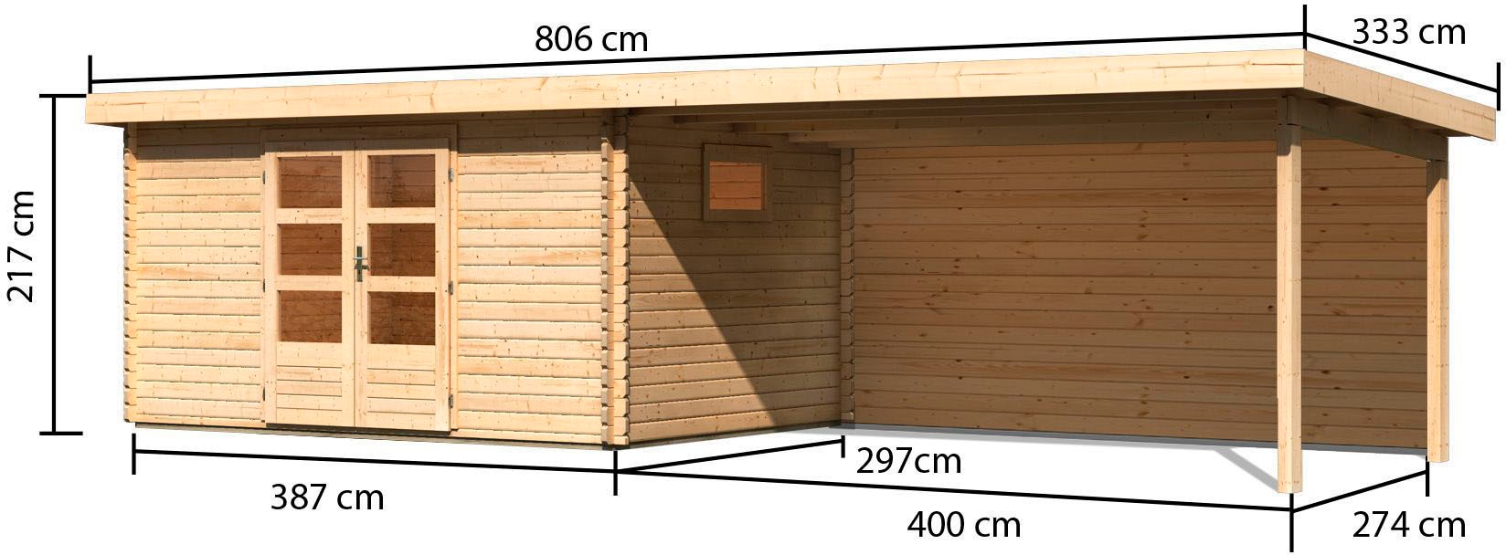 KONIFERA Gartenhaus »Trittau 5« mit Anbaudach 4,4m Rückwand, naturbelassen