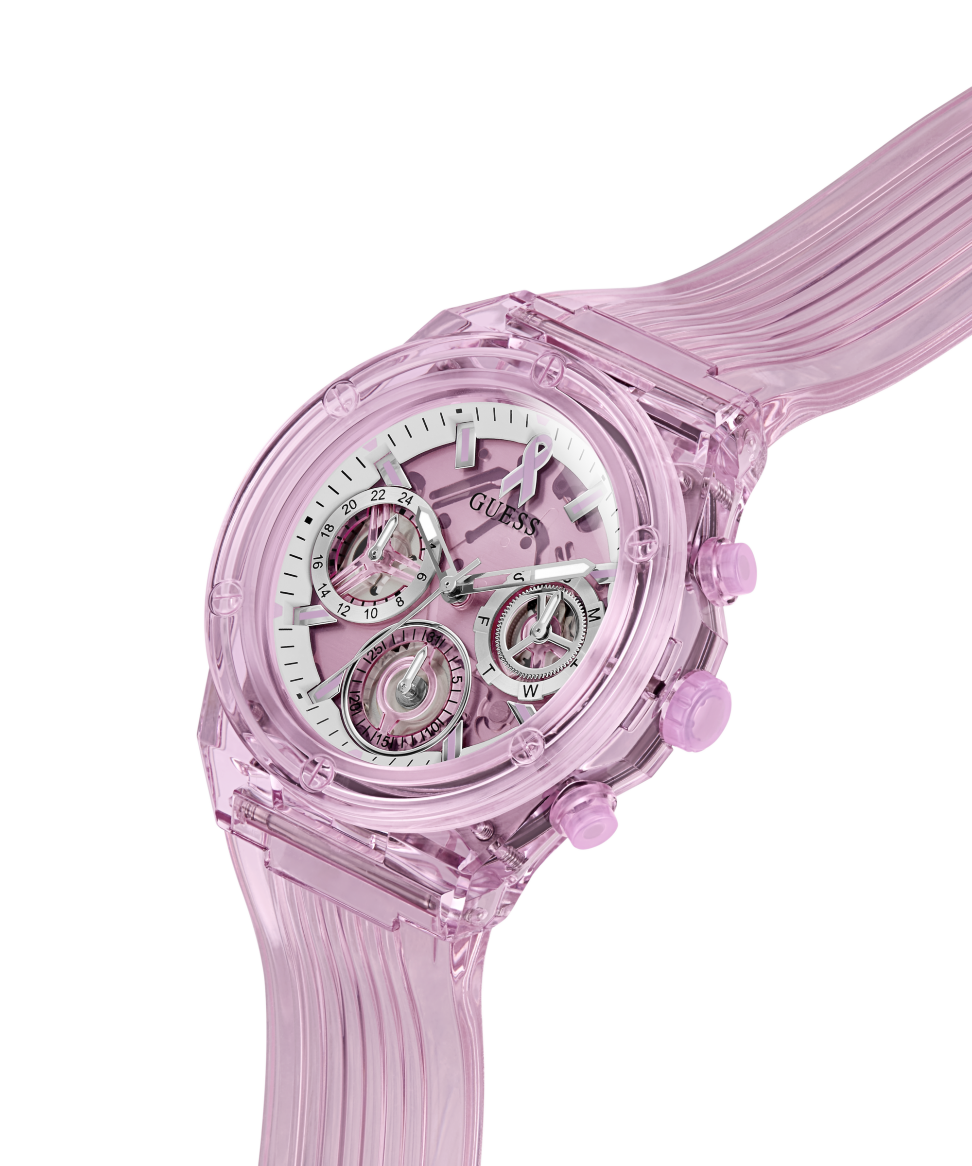 Guess Multifunktionsuhr »SPARKLING PINK« Quarzuhr, Armbanduhr, Damenuhr, Silikonarmband, analog, Tag, Wochentag