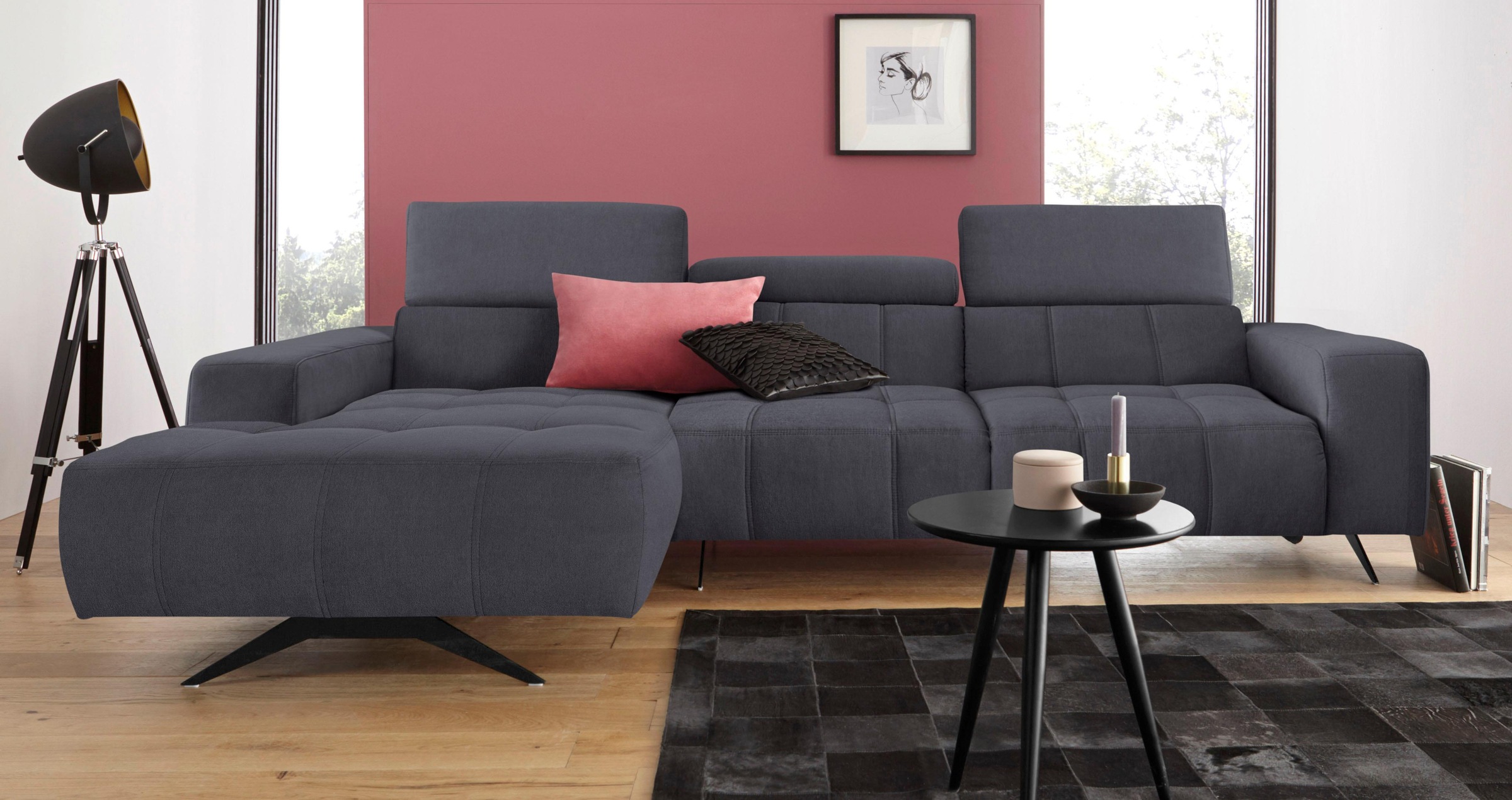 DOMO collection Ecksofa »Trento L-Form, mit Kufenfuß oder Einzelfuß«, wahlweise mit Kopfteilverstellung, Recamiere links/rechts bestellbar